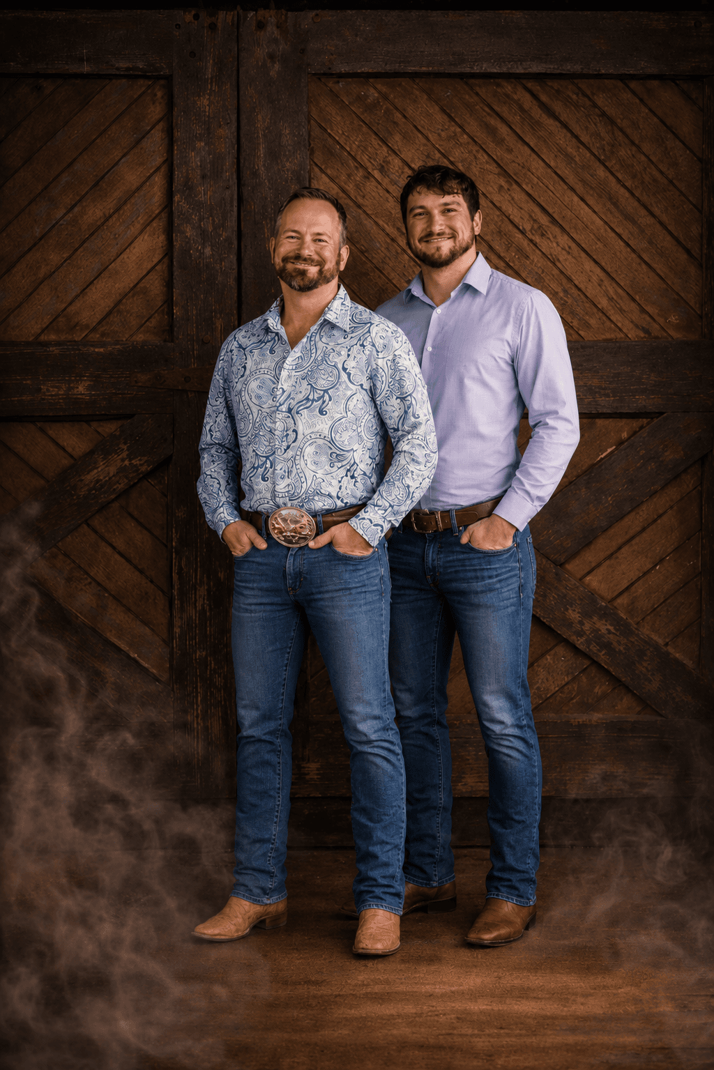 Bougie & Company owners standing in front of rustic wood doors