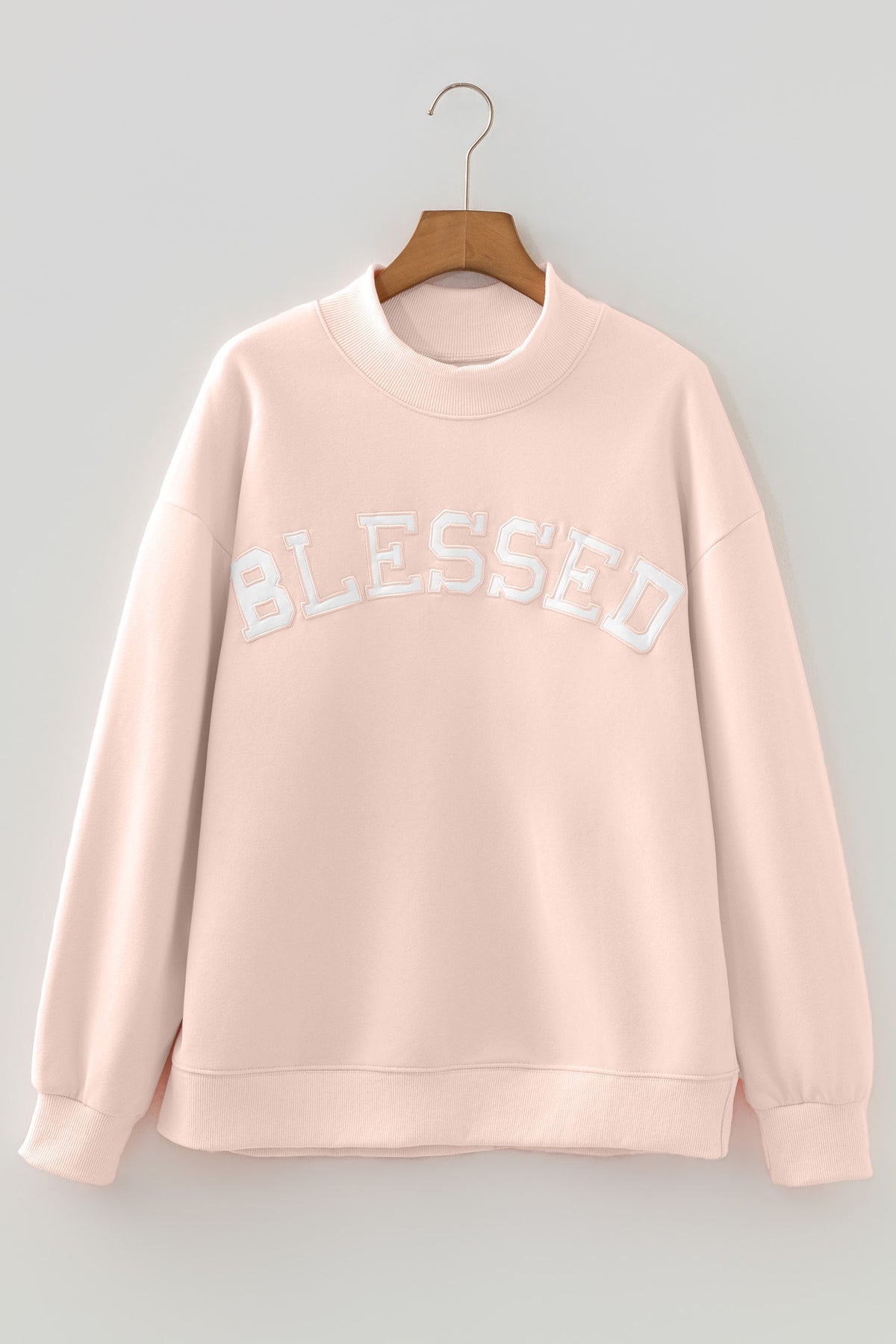 Light Pink Oversize Blessed Embroidered Mock Neck Sweatshirt