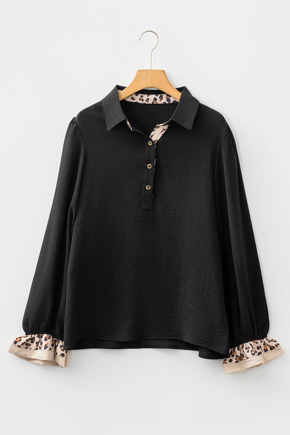 Black Contrast Leopard Print Patchwork Polo Collar Buttons Front Ruffled Long Sleeve Blouse