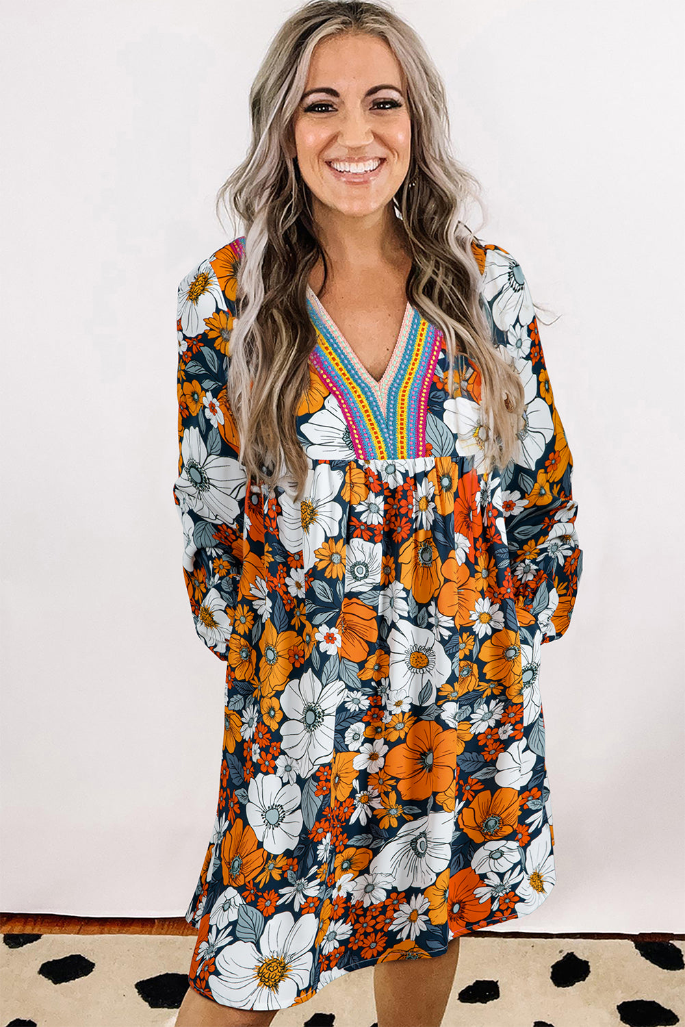 Orange Floral Print Striped Lace V Neck Long Sleeve Mini Dress