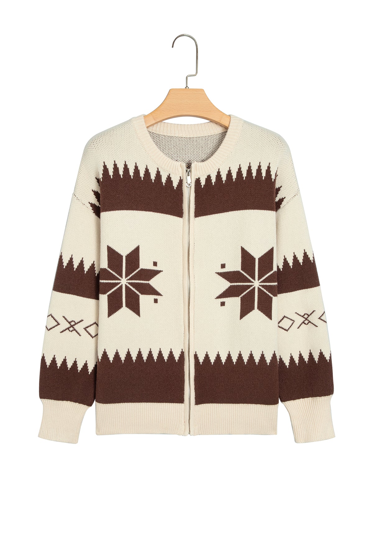 Beige Western Geometric Print Zip Front Loose Sweater Cardigan