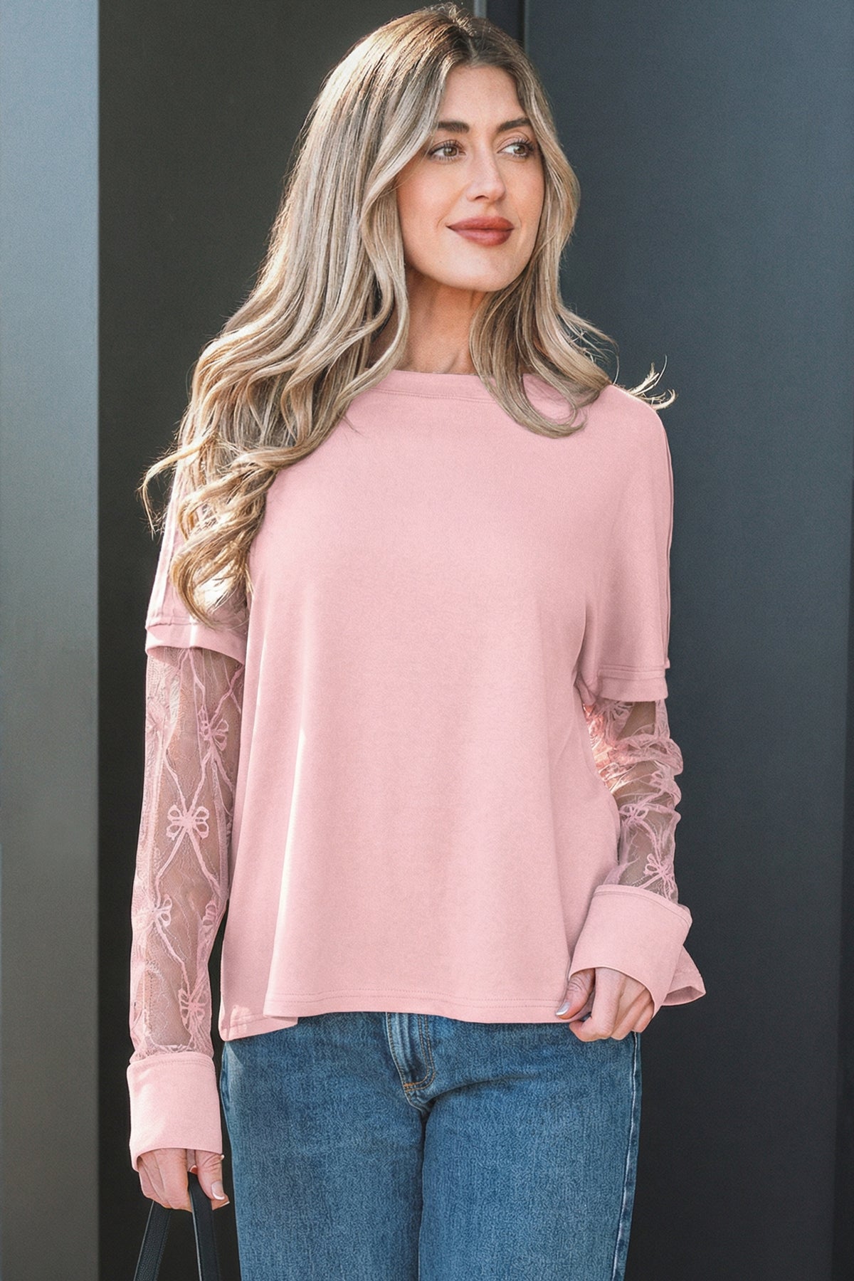 Light Pink Solid Color Bow Textured Patchwork Long Sleeve Tee
