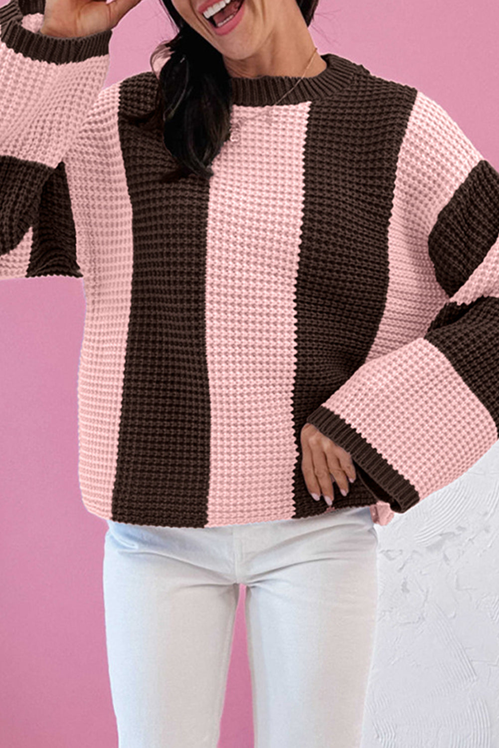Fushia Striped Color Block Thermal Textured Knit Drop Shoulder Sweater