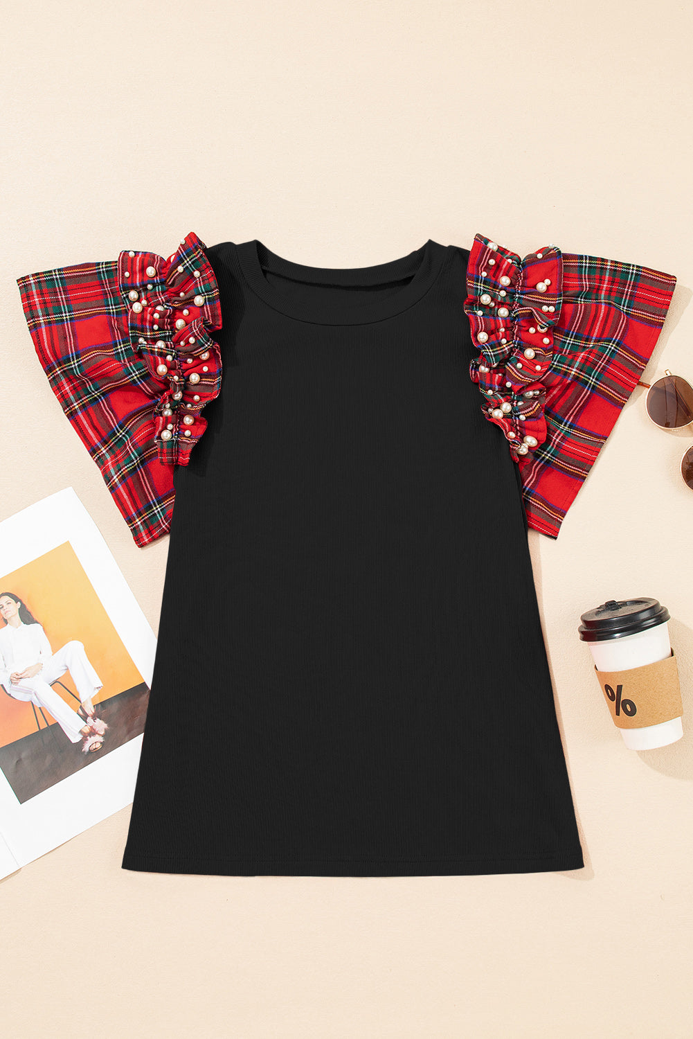 Black Plaid Pearl Ruffle Short Sleeve Loose T Shirt