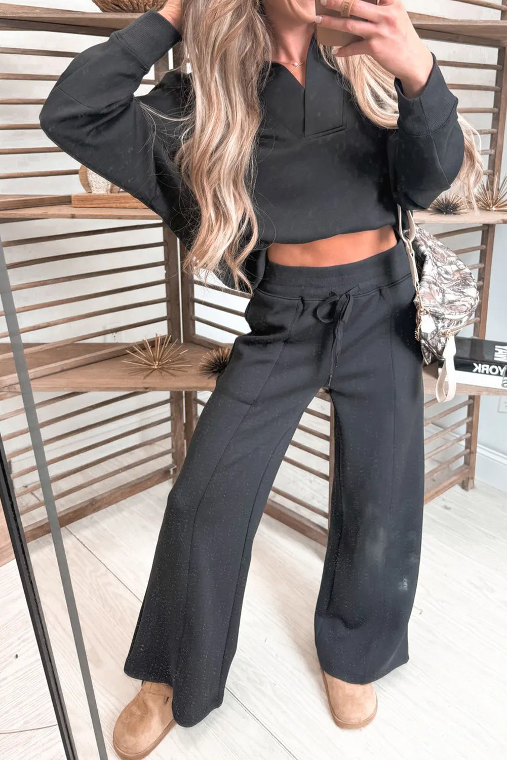 Bristol Black Collared V Neck Pullover Sweatshirt Sweatpants Set