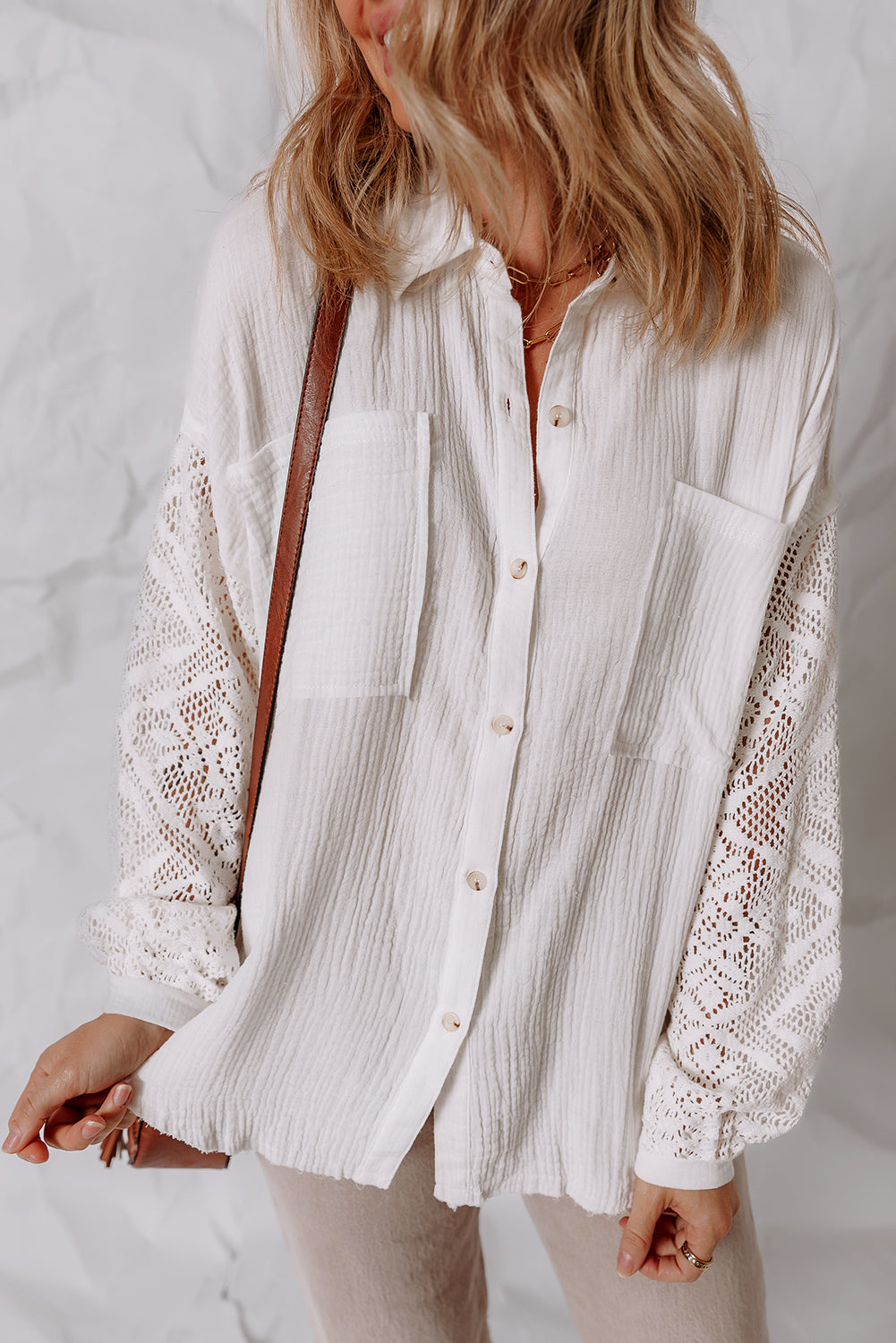 White Cotton Gauze Lace Patchwork Long Sleeve Shirt