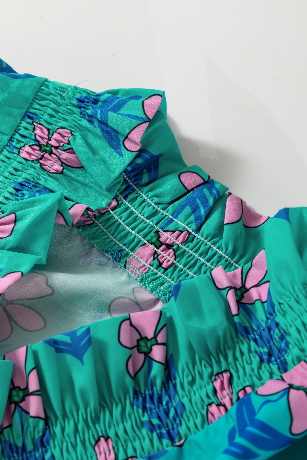 Green Floral Print Frilly Smocked Detail High Waist Mini Dress
