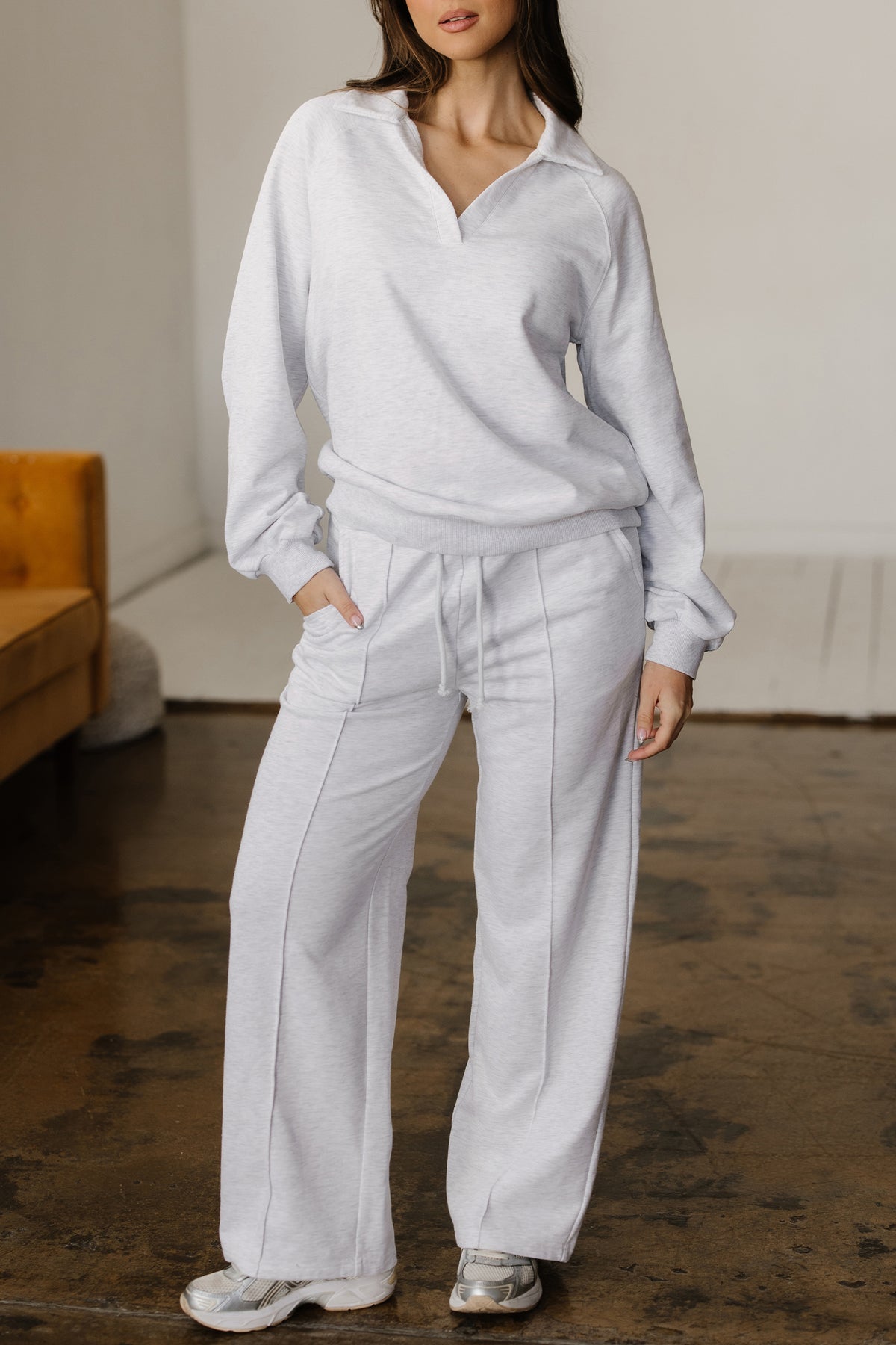 Light Grey Polo Collar V Neck Pullover and Drawstring Sweatpants Set