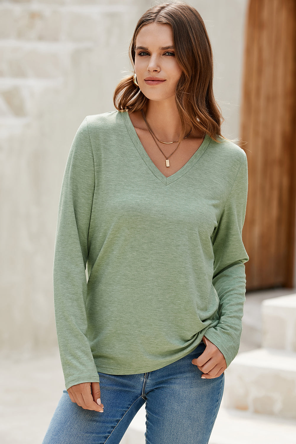 Grass Green Solid Color V Neck Long Sleeve Stretchy Top