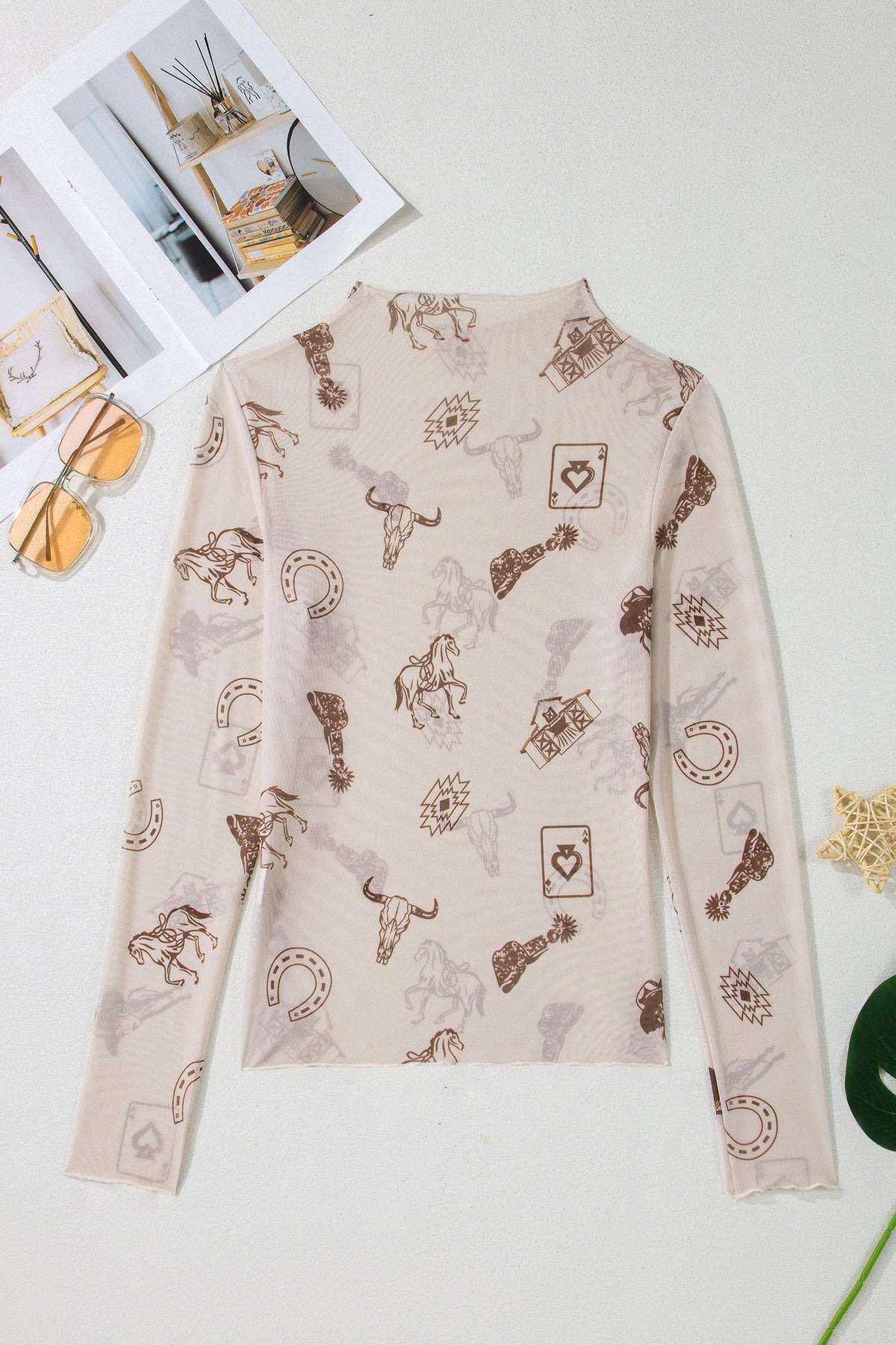 Oatmeal Western Print Slim Fit Mesh Long Sleeve Mock Neck Top