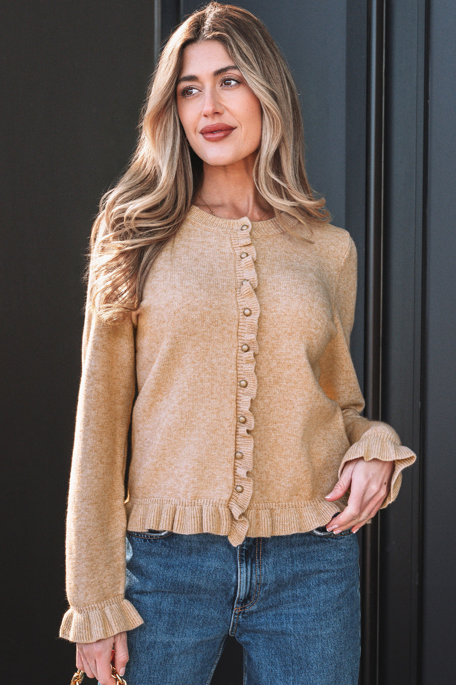 Oatmeal Ruffle Trim Gold Button Sweater Cardigan