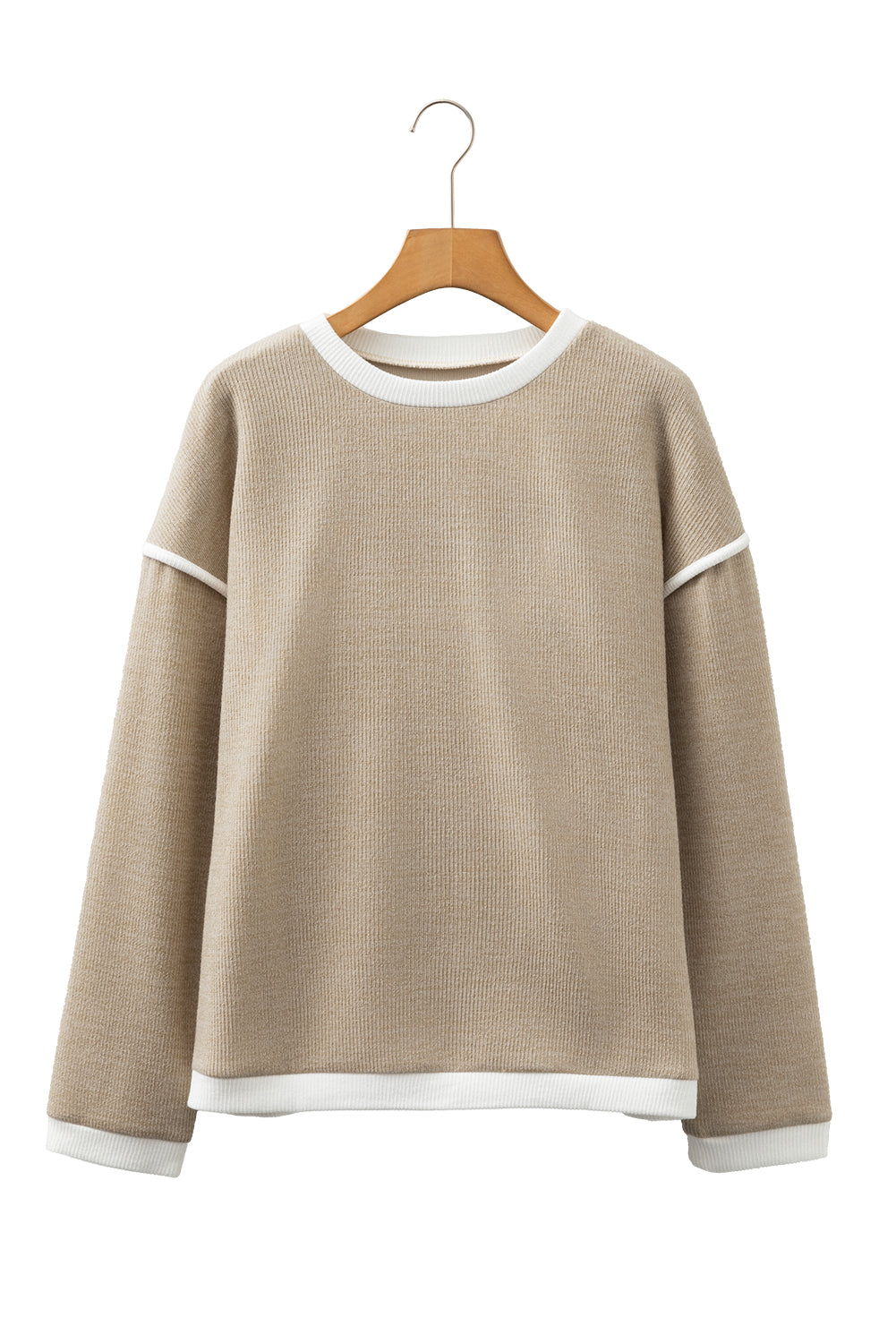 Beige Contrast Color Trim Knit Drop Shoulder Loose Top