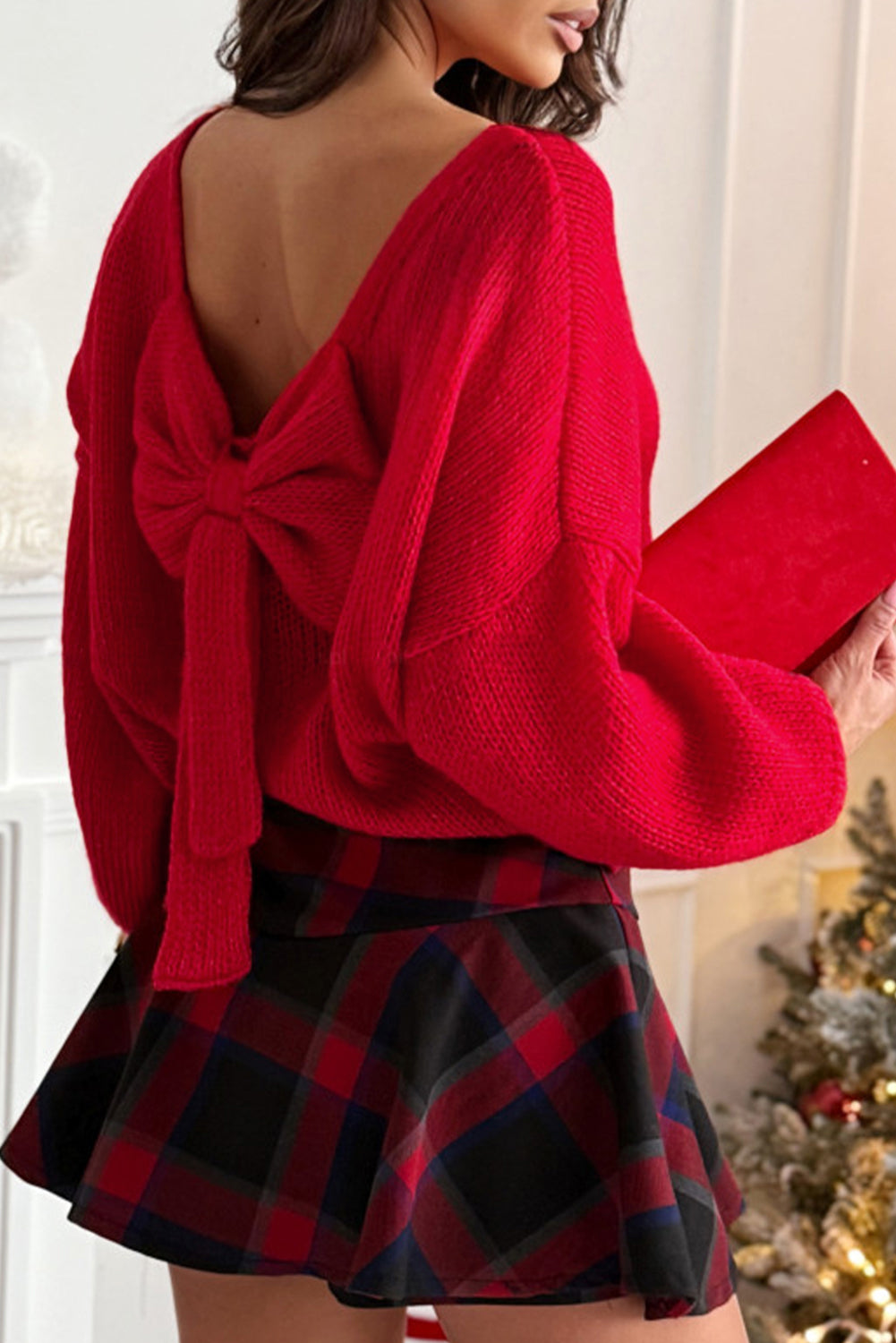 Fiery Red Festive Bow Backless Bubble Sleeve Sweater