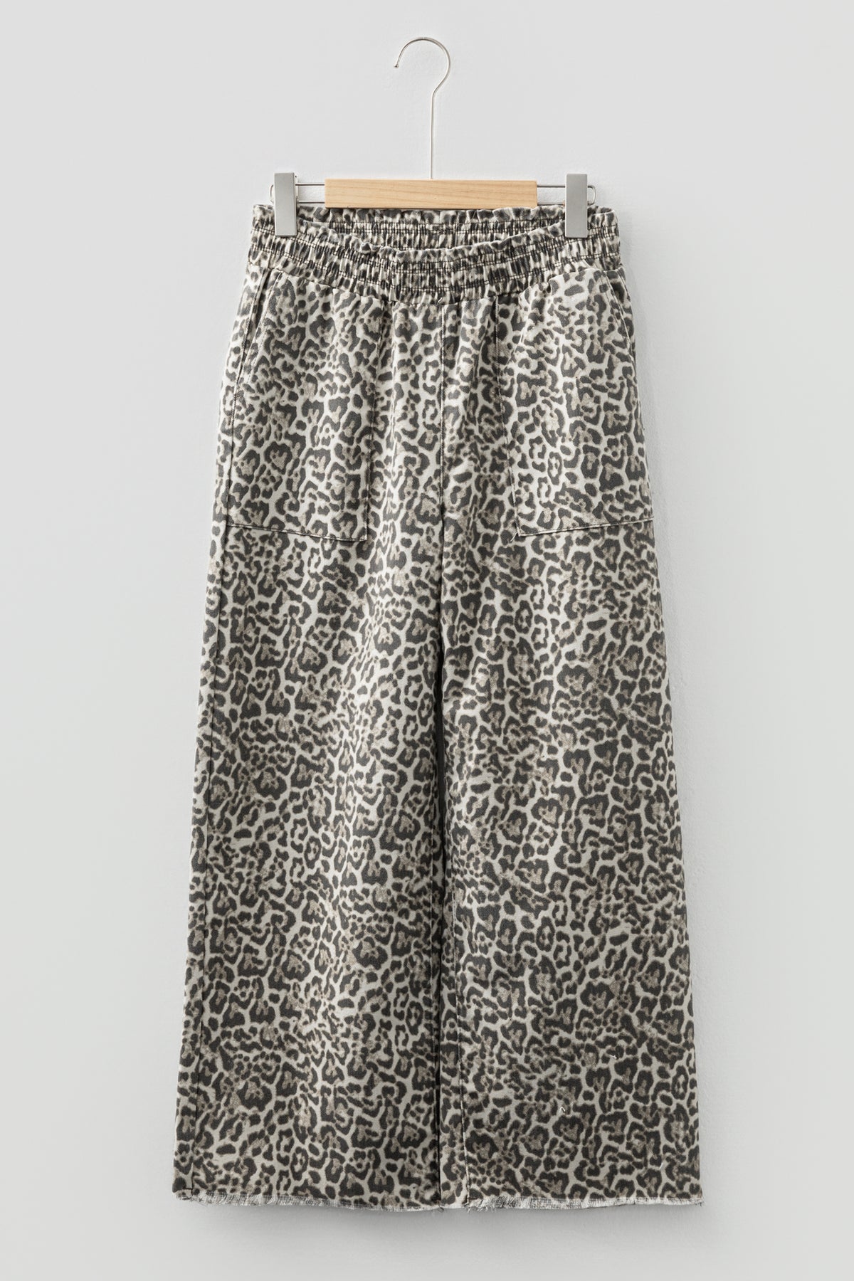 Brown Leopard Print Raw Hem Elastic Waist Loose Pull On Jeans