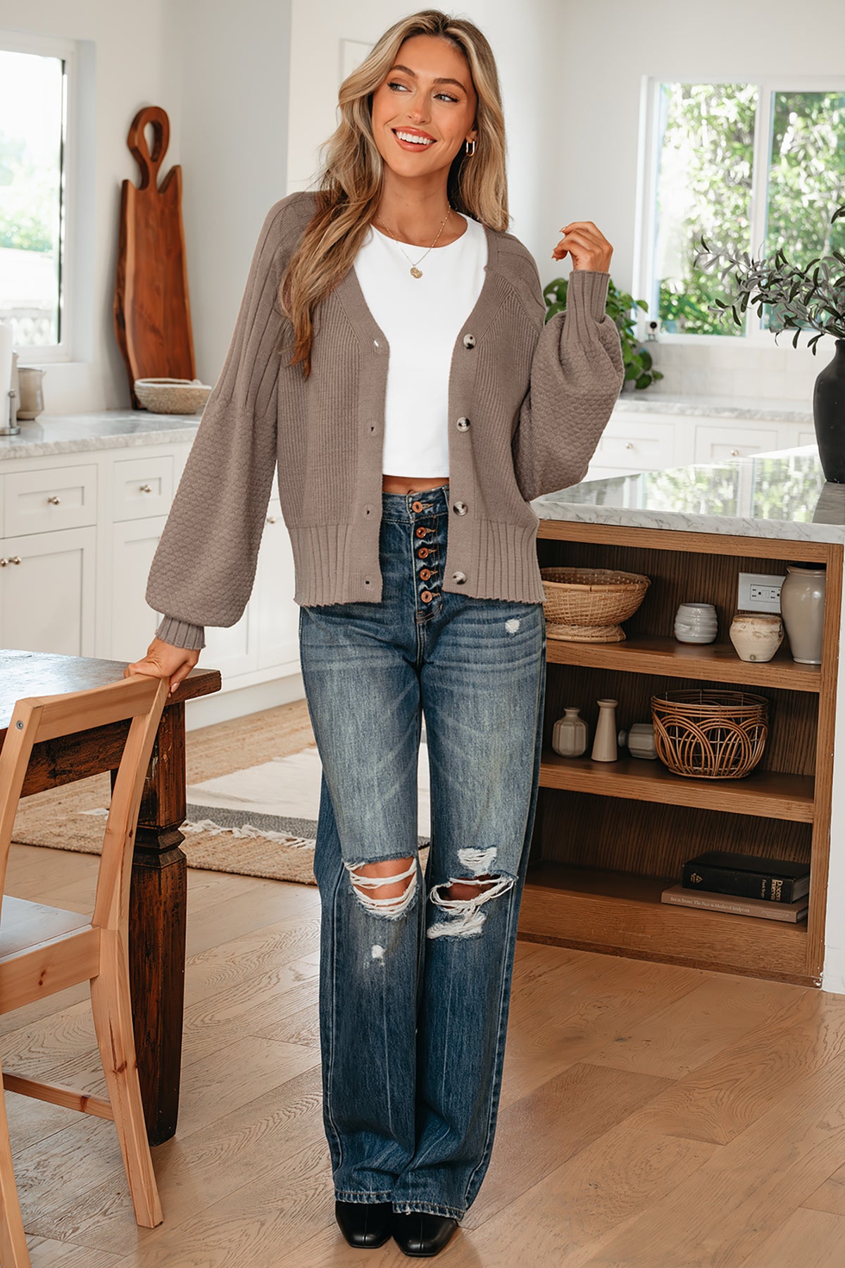 Goat Mixed Texture Knit Button V Neck Sweater Cardigan