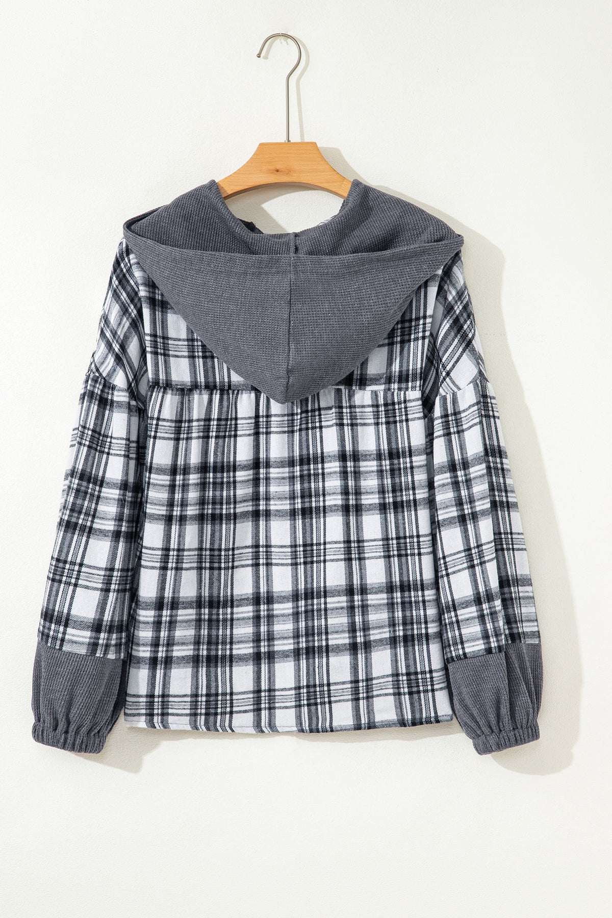 Gray Plaid Patchwork Long Sleeve Button Hooded Blouse