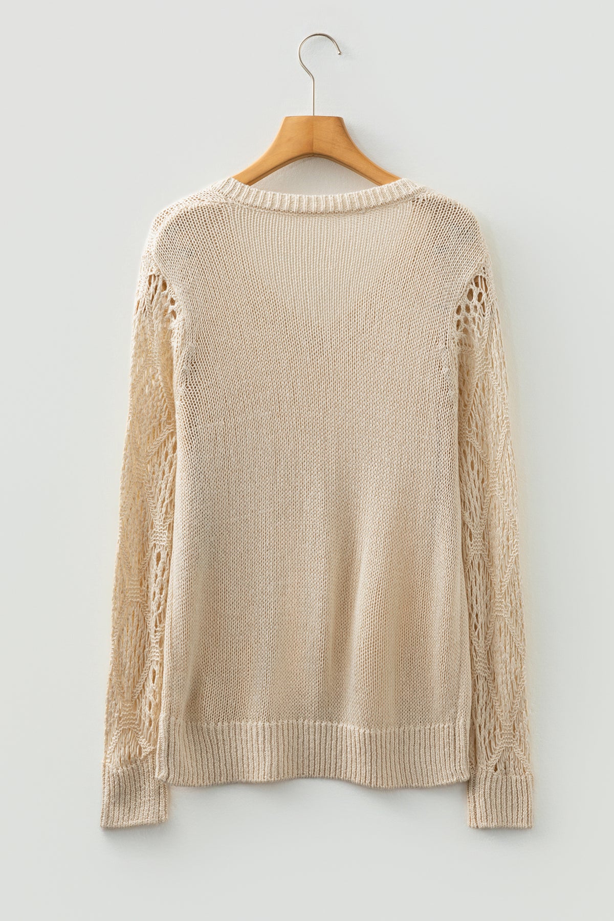 Jet Stream Solid V Neck Pointelle Knit Sleeve Patchwork Sweater
