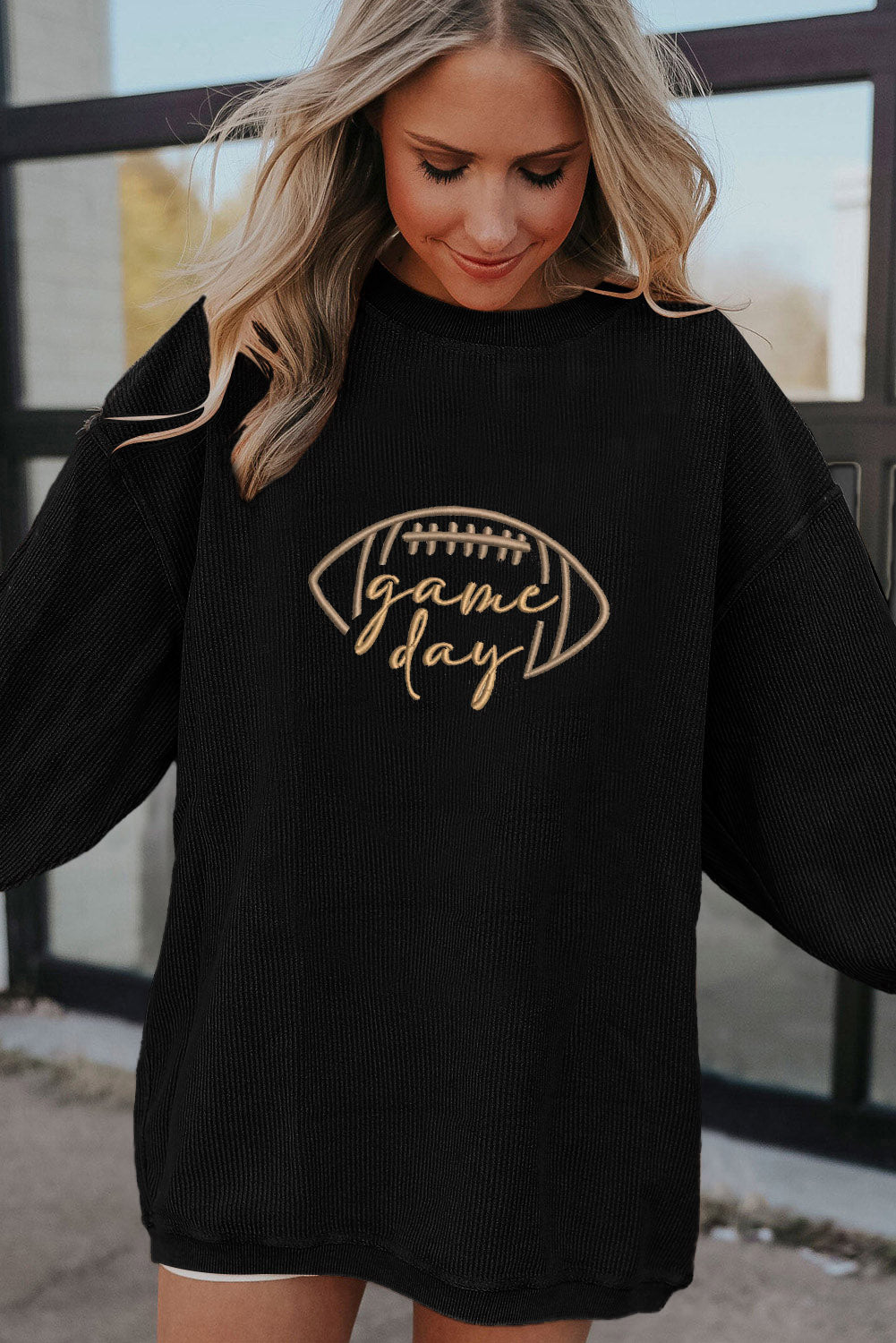 Black Rugby Game Day Embroidered Corduroy Sweatshirt