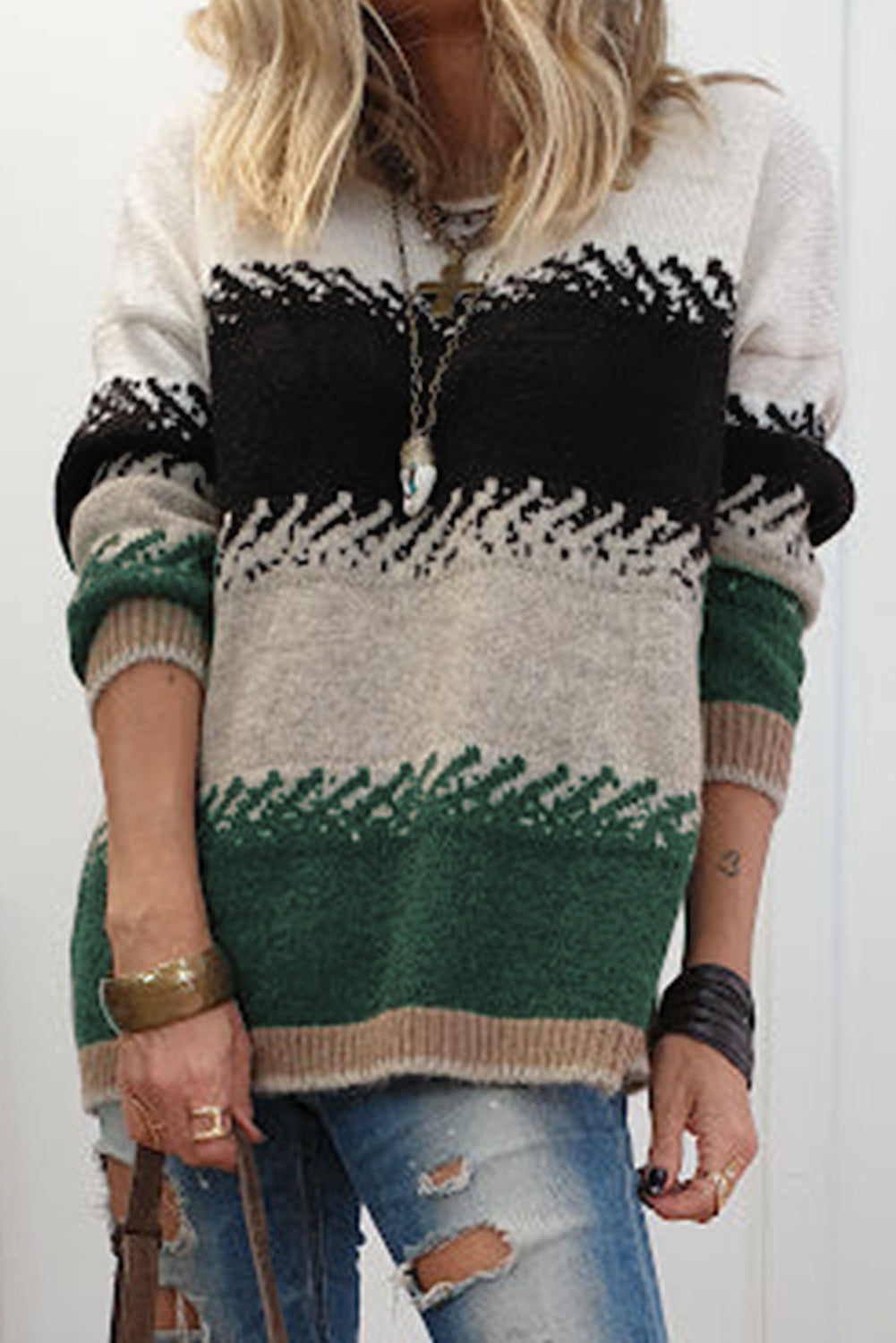 Black Stylish Color Block Pattern Drop Shoulder Sweater