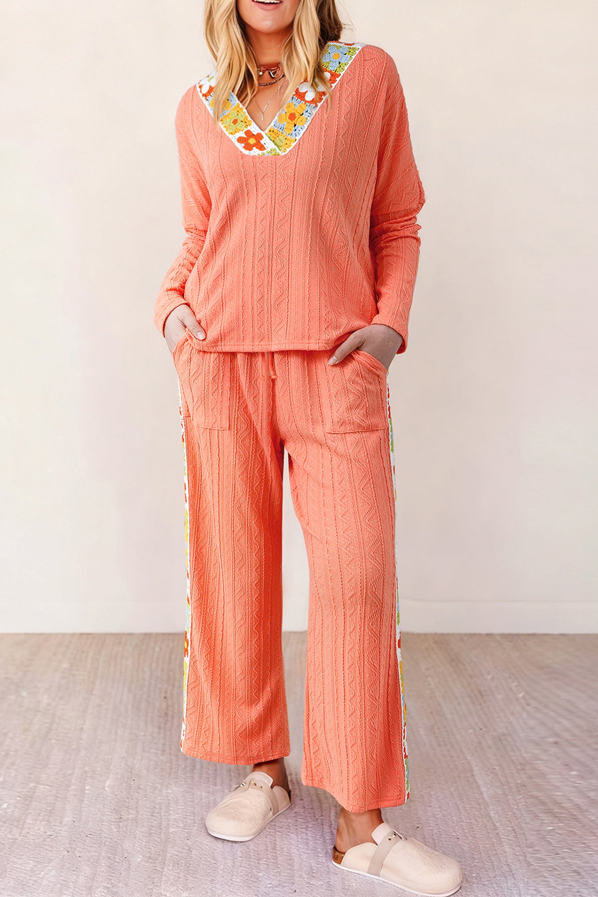 Grapefruit Orange Crochet Floral Accent V Neck Textured Pants Set