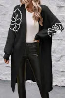 BGA80892 Black Flower Embroidered Drop Shoulder Open Front Duster Cardigan