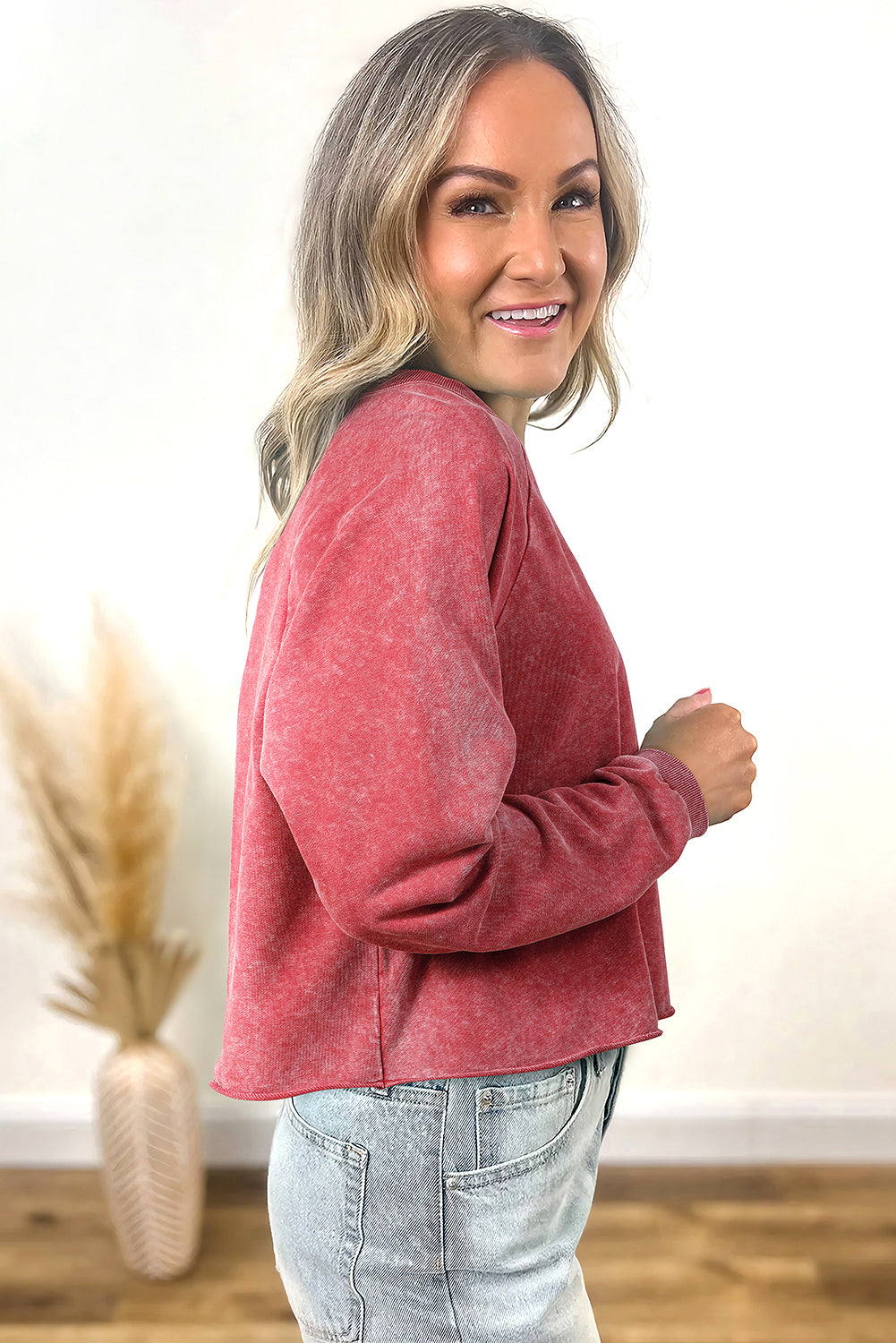 Racing Red Mineral Wash Raglan Sleeve Raw Hem Crop Sweatshirt