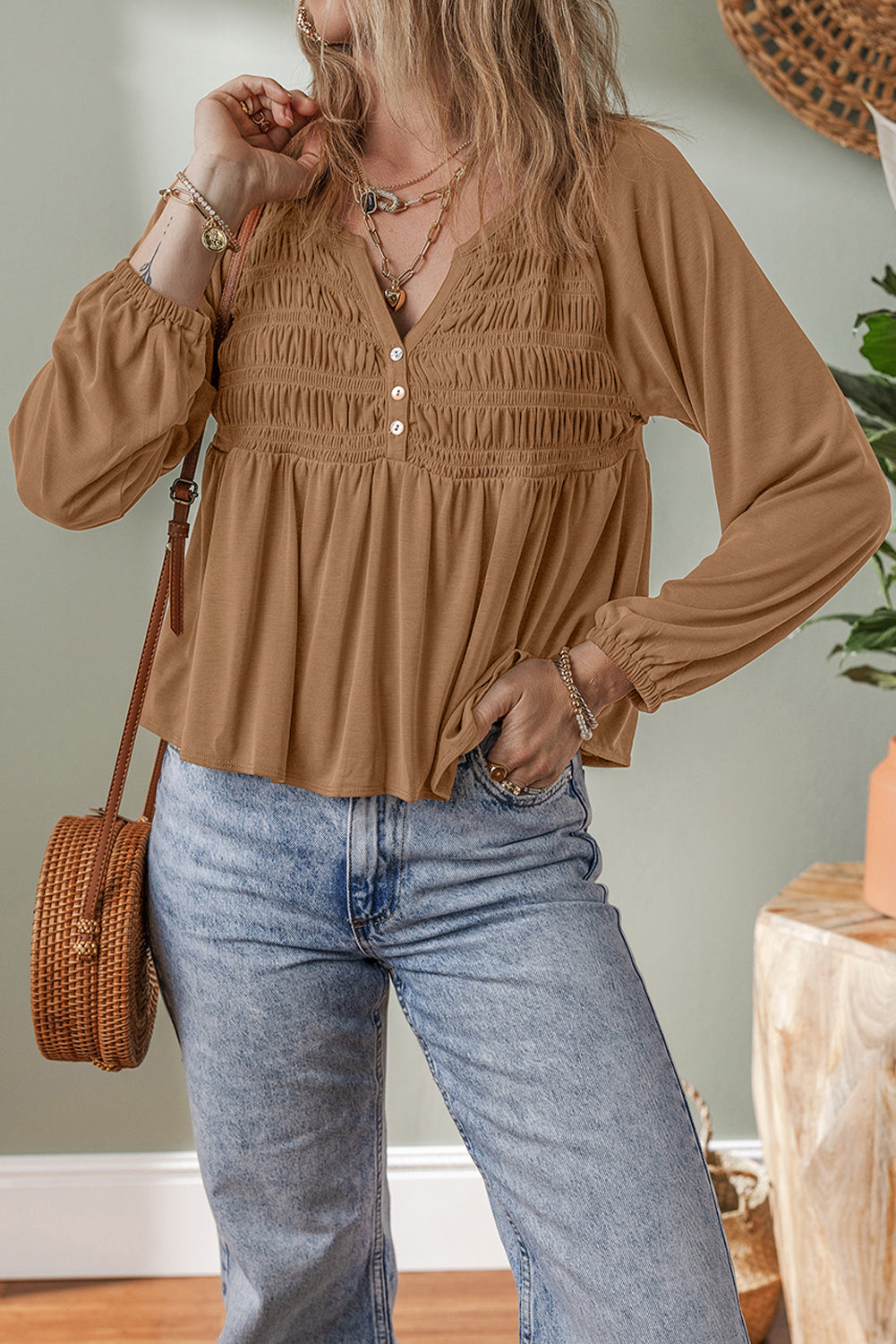 Cinnamon Smocked Bust Buttoned Split V Neck Flow Fit Blouse