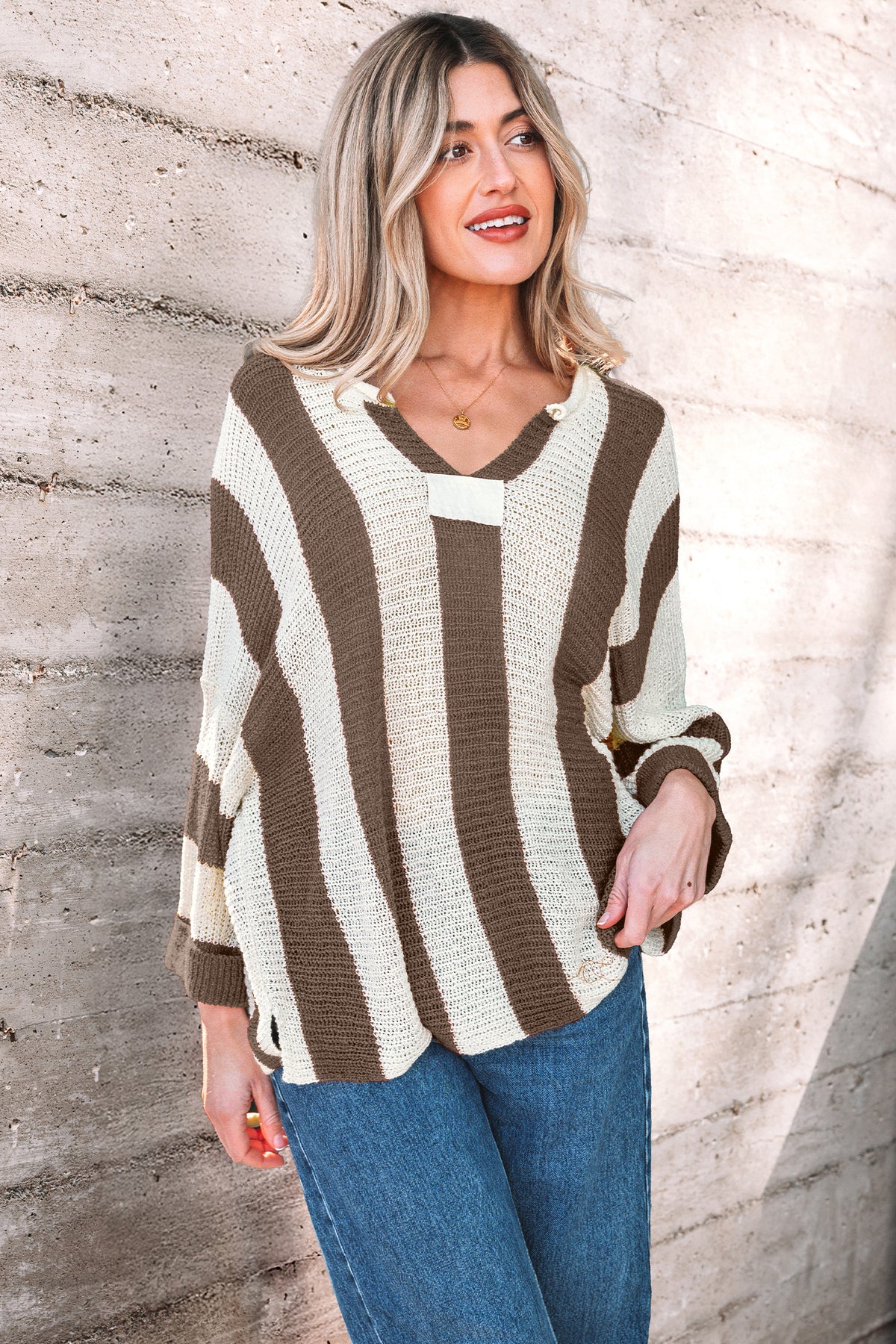 Brown Stripe Colorblock V Neck Bracelet Sleeve Sweater