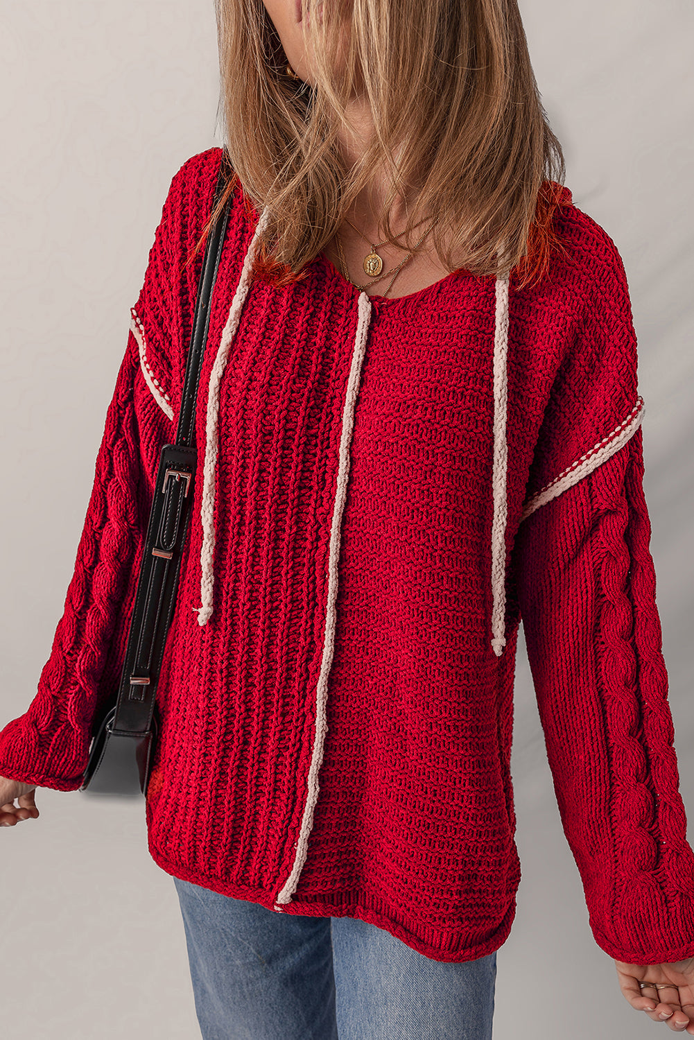 Racing Red Color Contrast Trim Textured Knit Drawstring Hooded Sweater