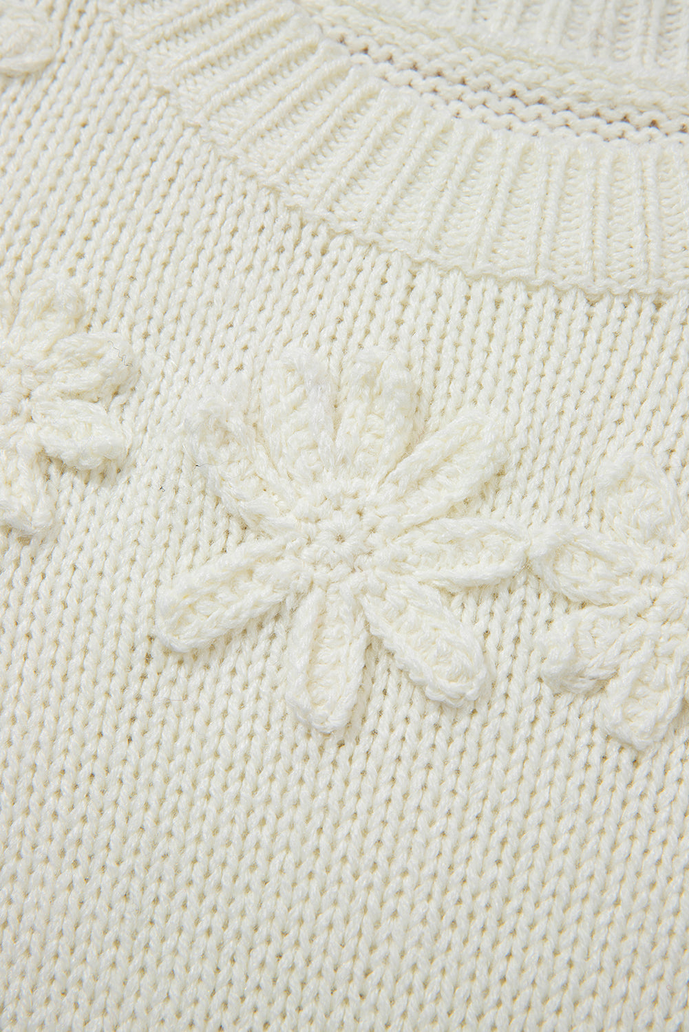White Flower Detail Round Neck Contrast Textured Puff Sleeve Sweater
