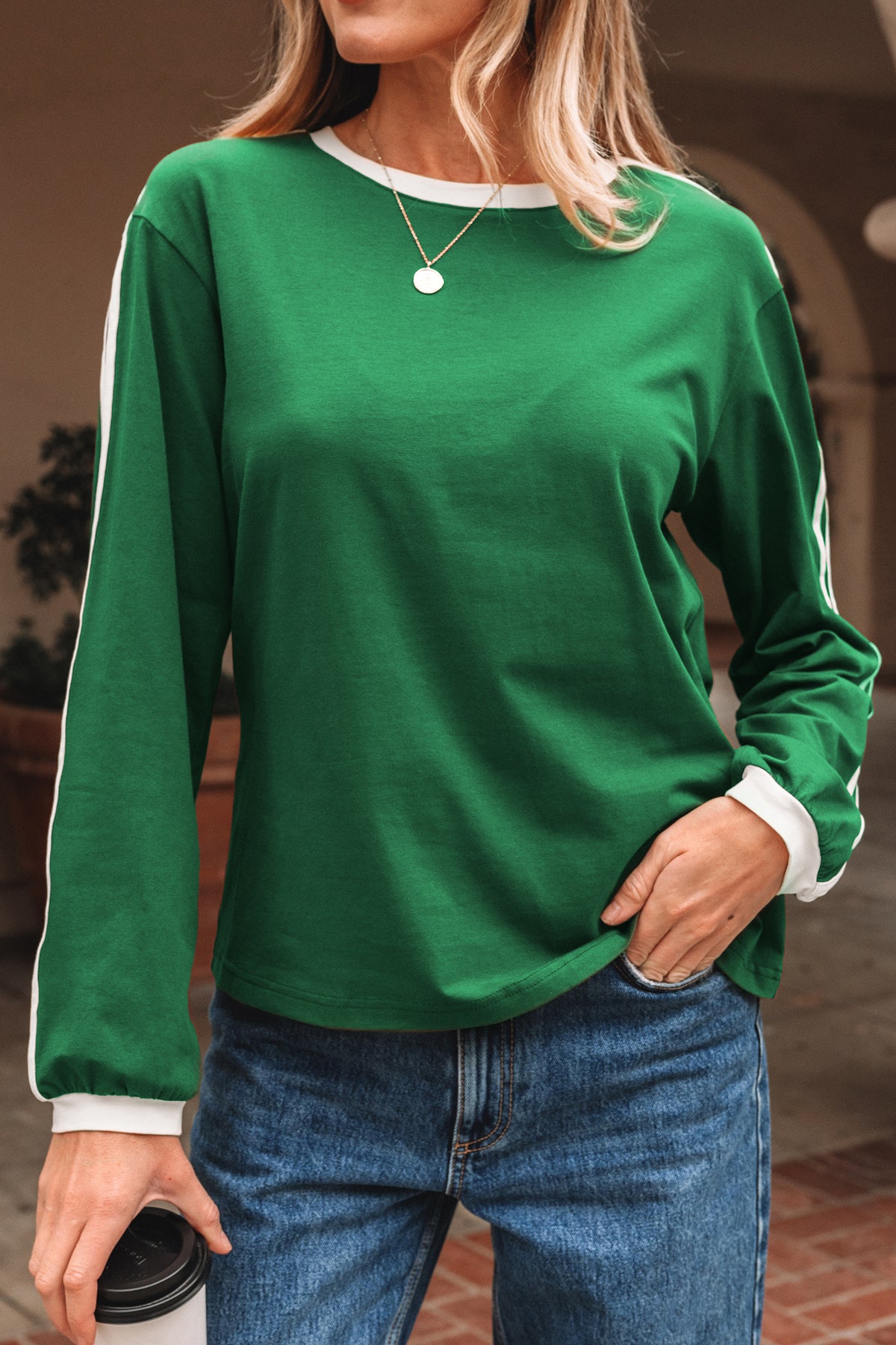 Bright Green Varsity Striped Accent Contrast Crew Neck Long Sleeve T Shirt
