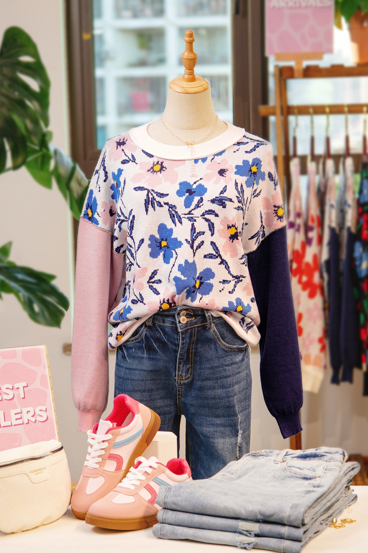 Khaki Floral Panel Colorblock Sleeve Patchwork Sweater