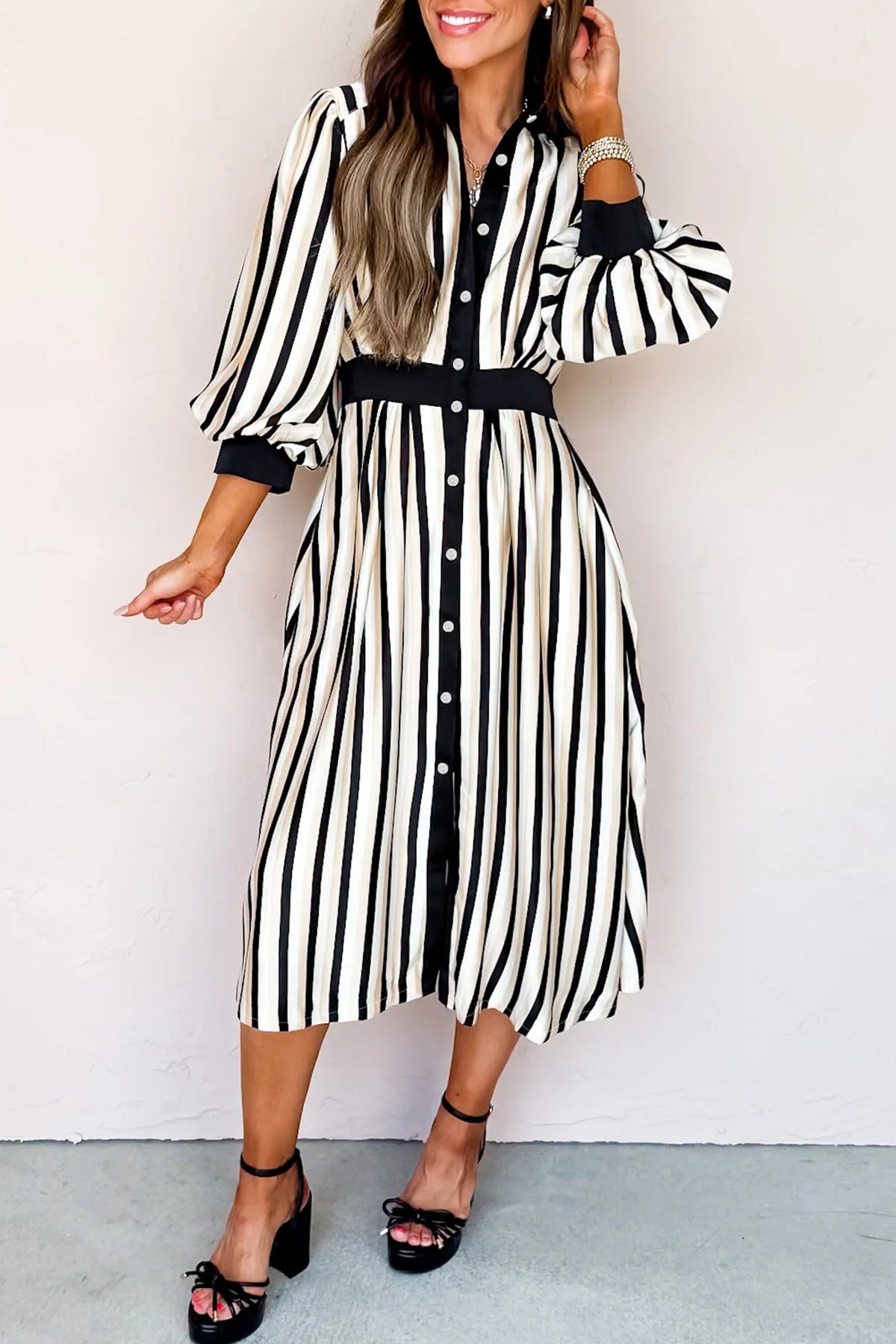 Black Stripe 3/4 Puff Sleeve Shirt Style Button Down Midi Dress