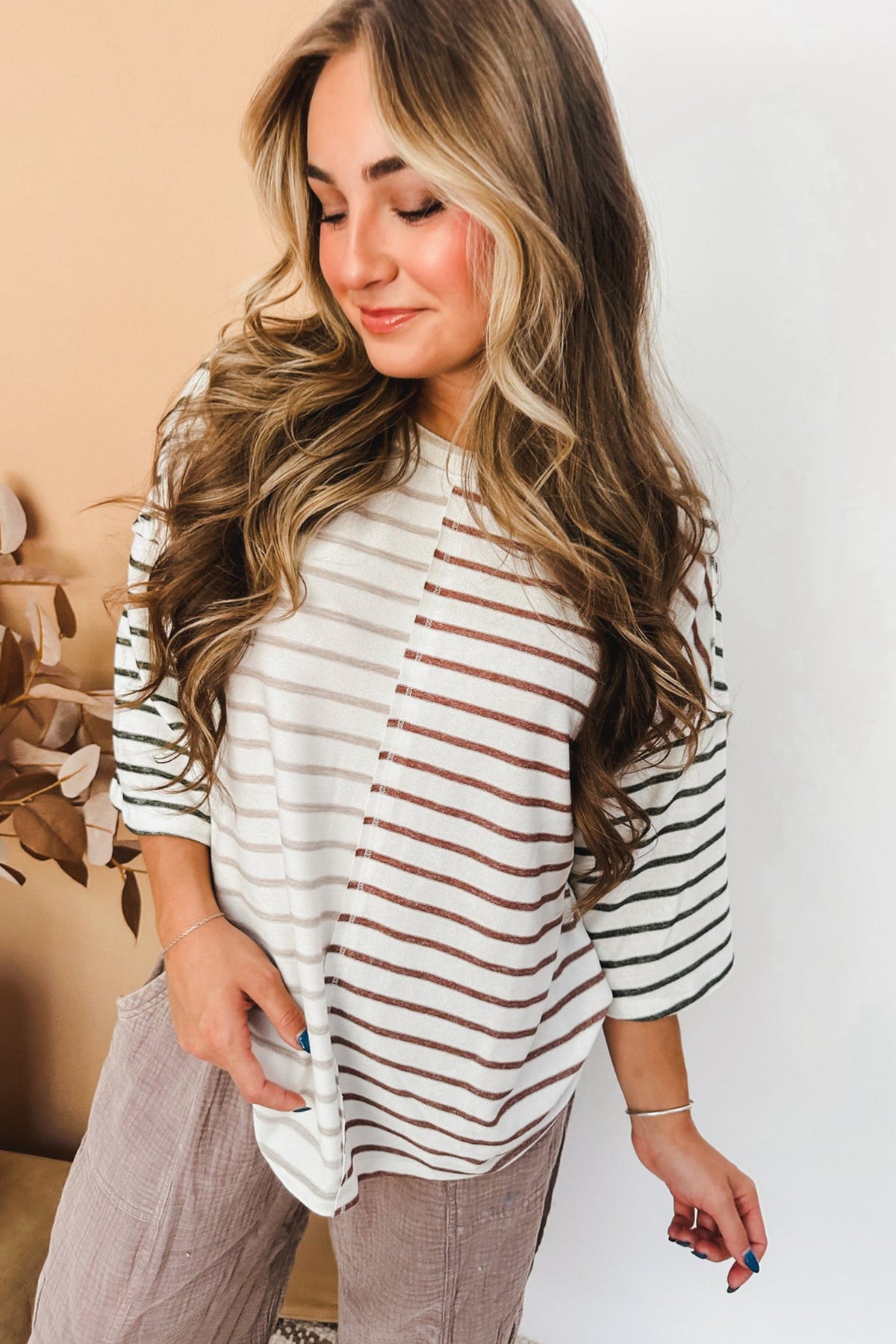 Khaki Stripe Colorblock 3/4 Sleeve Loose T Shirt