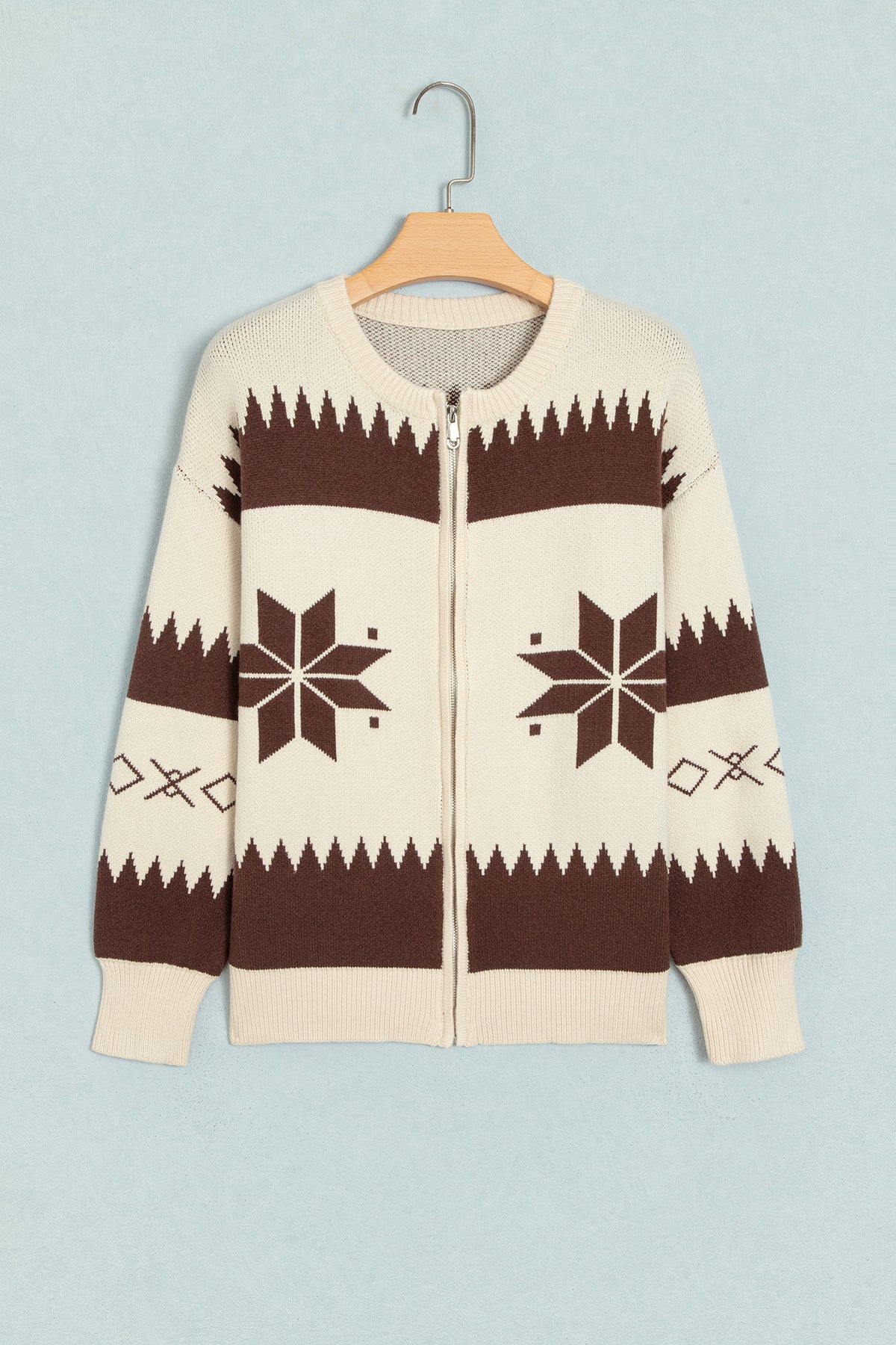 Beige Western Geometric Print Zip Front Loose Sweater Cardigan