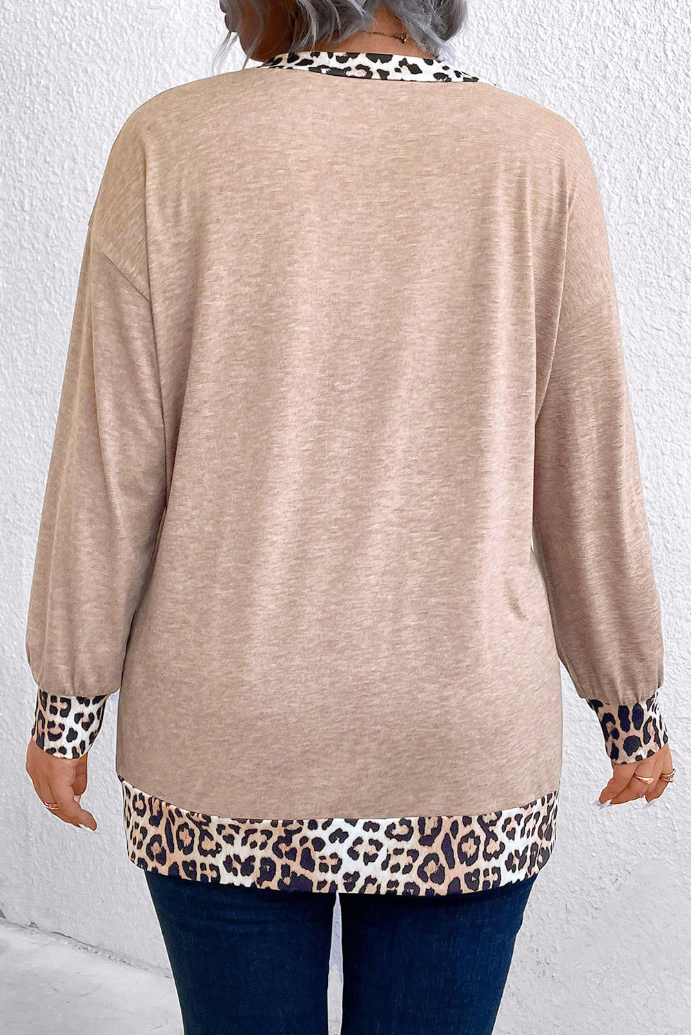 Parchment Leopard Patchwork V Neck Long Sleeve Plus Size Top