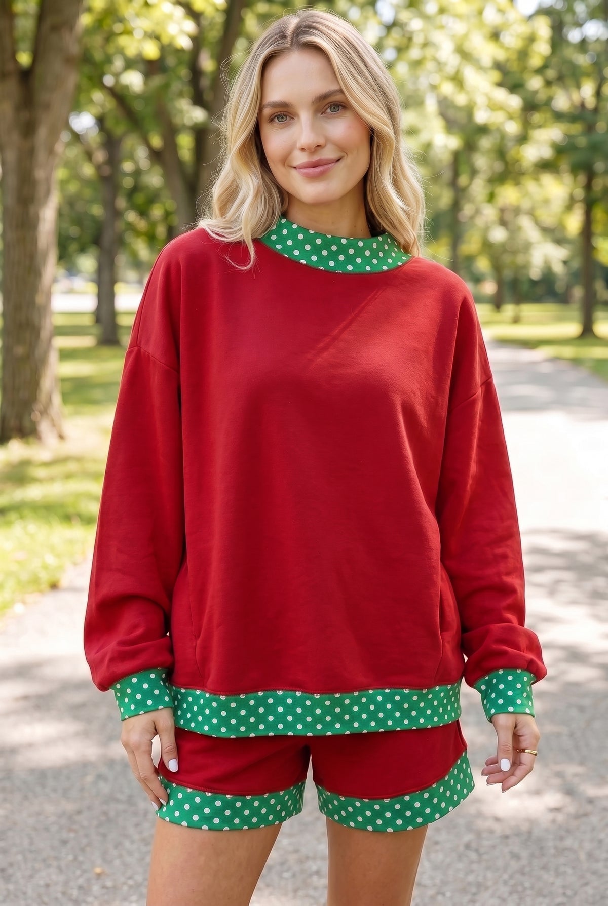 Racing Red Polka Dot Trim Baggy Pullover 2pcs Short Set