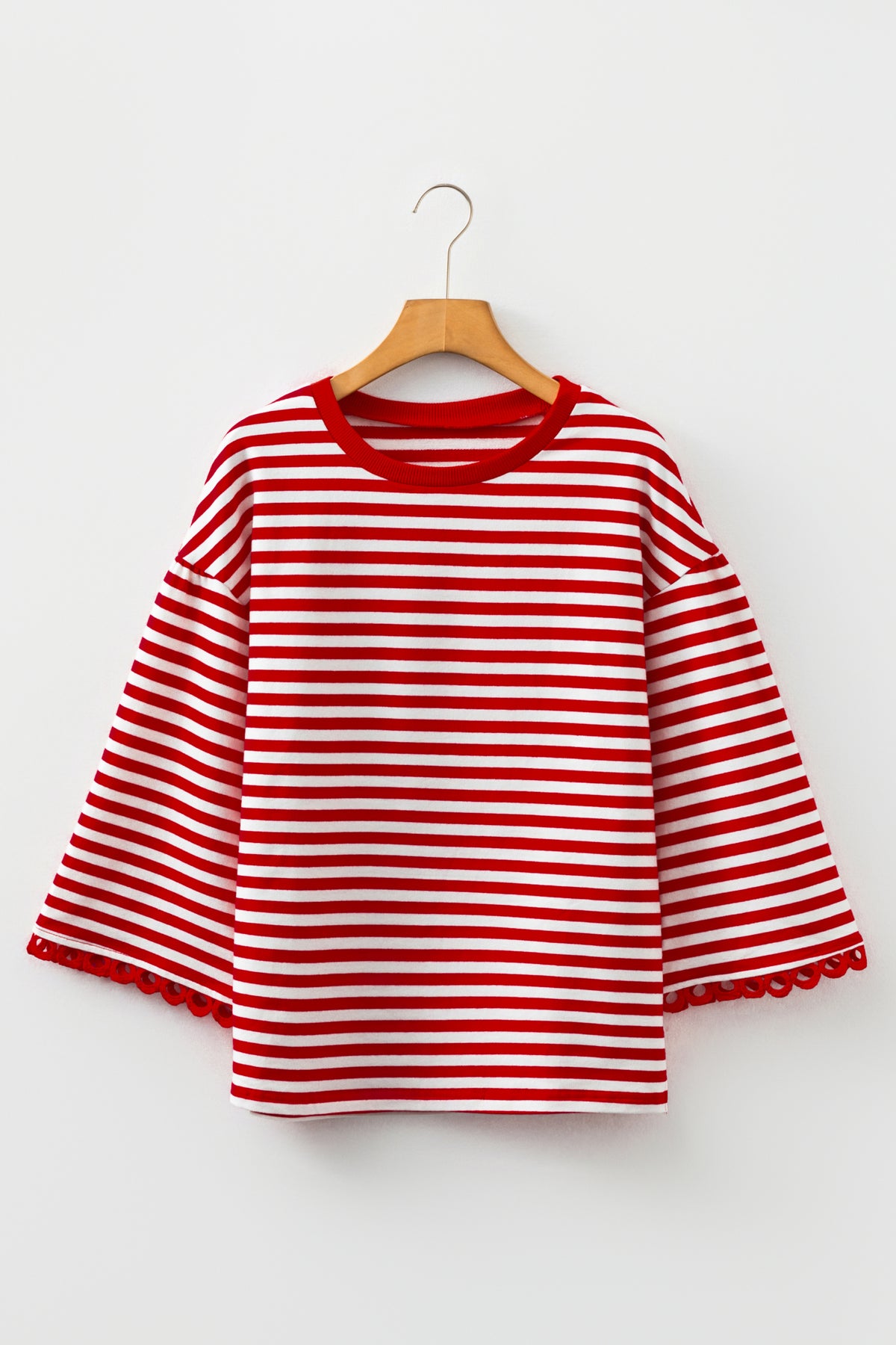 Racing Red Striped Print Drop Shoulder Lace Trim Bracelet Sleeve Loose Top