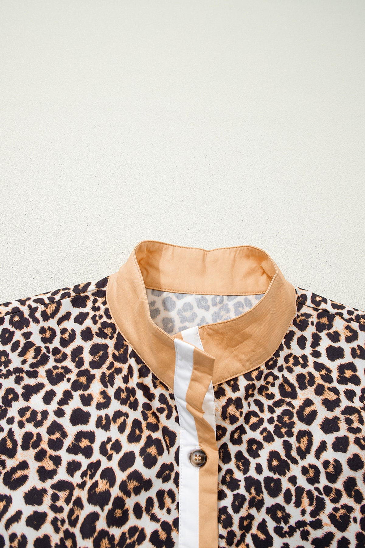 Khaki Button Striped Collar Leopard Print Long Sleeve Flared Dress