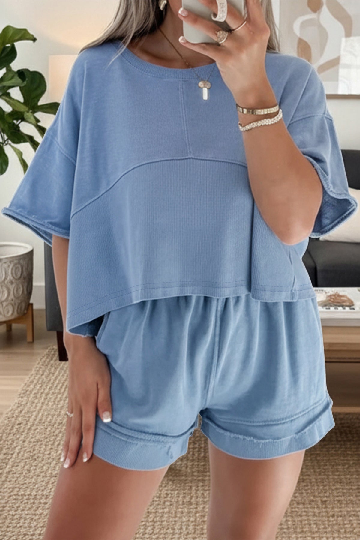 Sky Blue Solid Color Contrast Textured Patchwork Raw Edge 2pcs Short Set