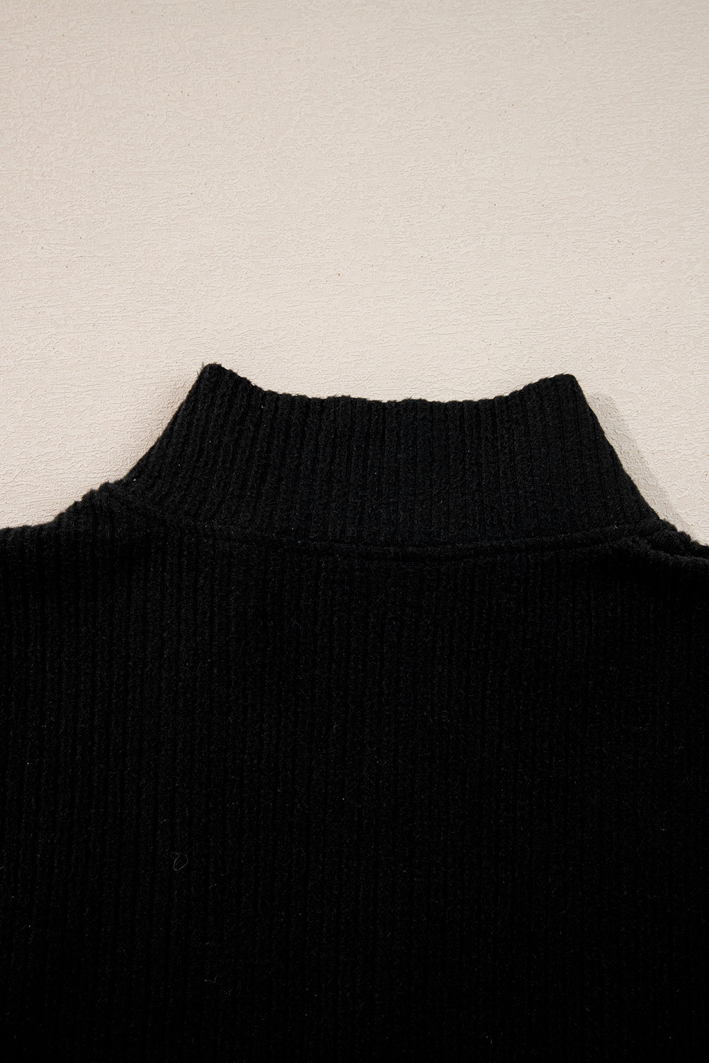 Black Ribbed Zip Stand Neck Drop Shoulder Pullover Bodycon Skirt 2pcs Set