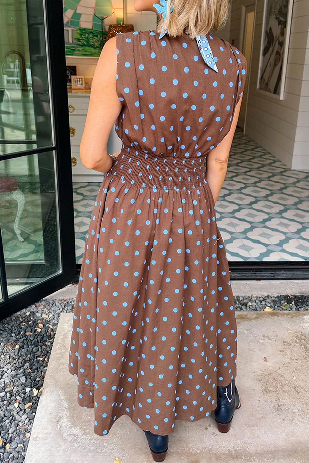 Brown Polka Dot Print Contrast Trim V Neck Zip Up Sleeveless Dress