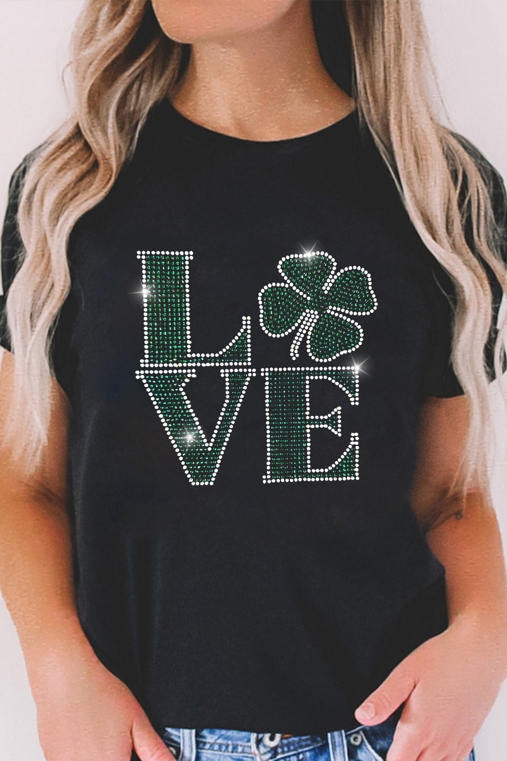 Black Clover LOVE Rhinestone Graphic St Patricks Day T Shirt