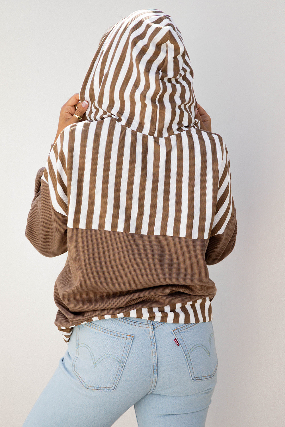 Straw Yellow Waffle Texture Striped Patchwork Button Neck Drawstring Hoodie
