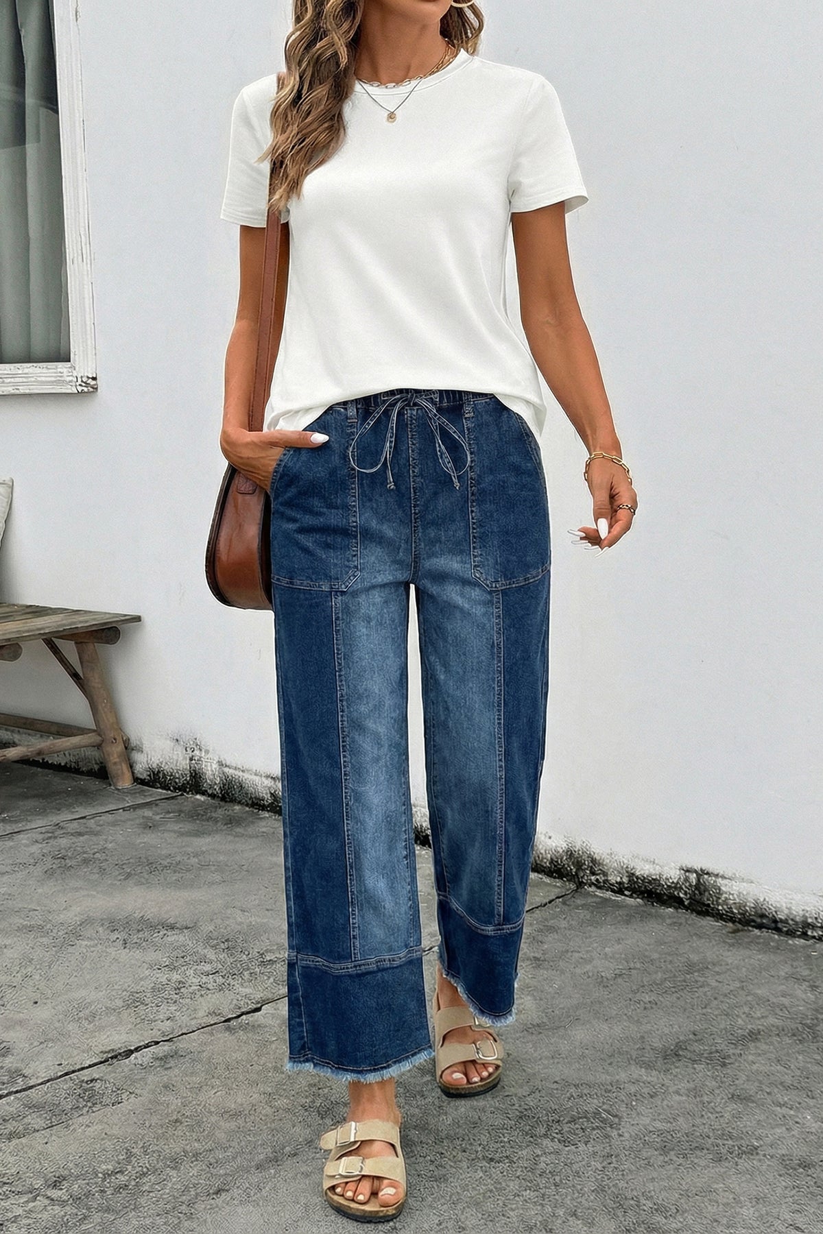 Prussian Blue Drawstring Seam Detail Raw Hem Wide Leg Denim Pants