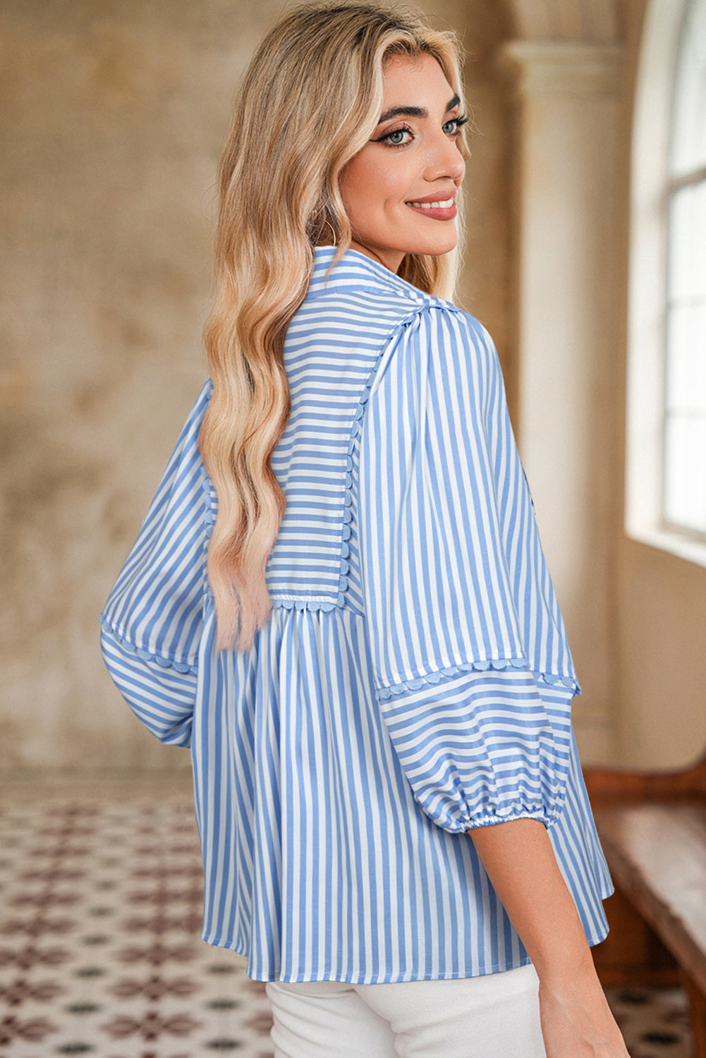 Sky Blue Stripe Shirt Collar V Neck Ricrac Trim 3/4 Puff Sleeve Blouse