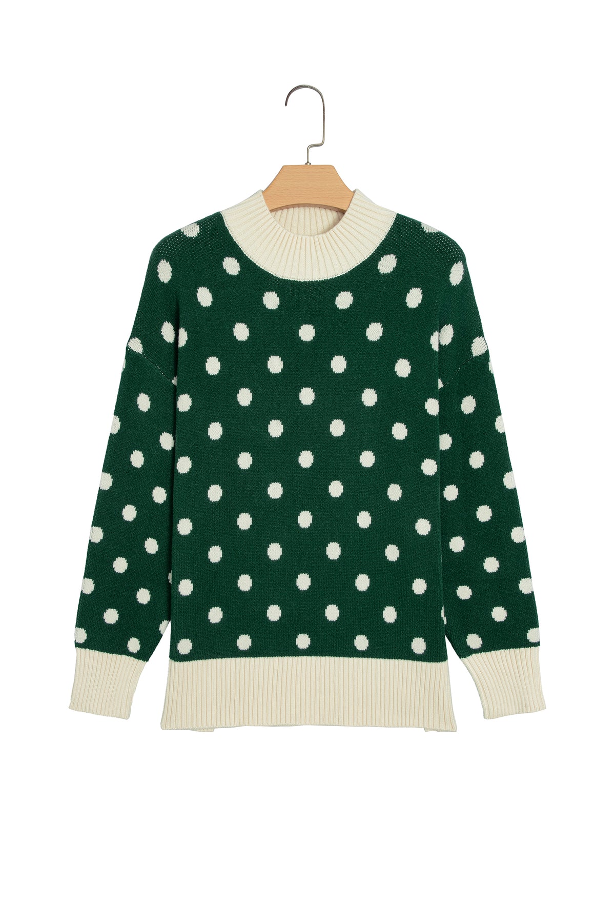 Green Polka Dot Pattern Ribbed Colorblock Trim Split Tunic Sweater