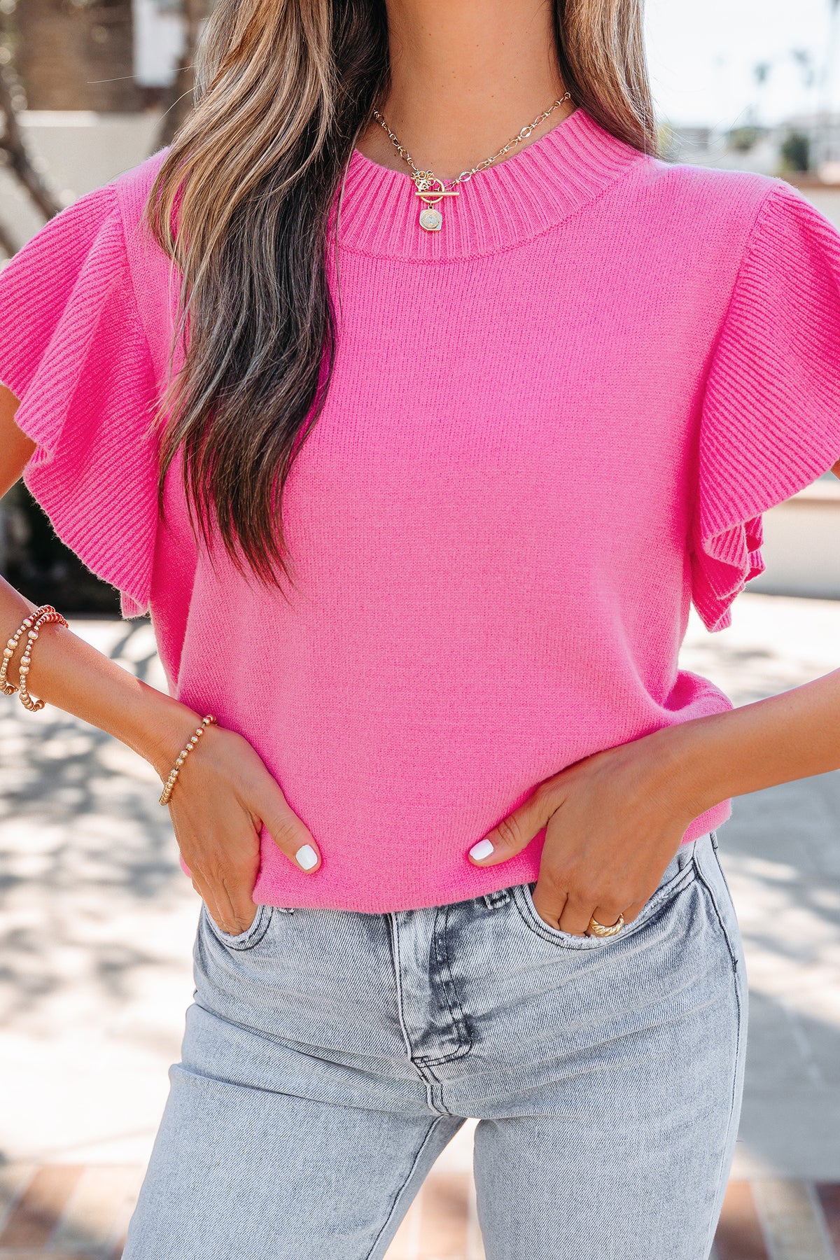 Sachet Pink Solid Color Ribbed Trim Round Neck Ruffle Short Sleeve Sweater