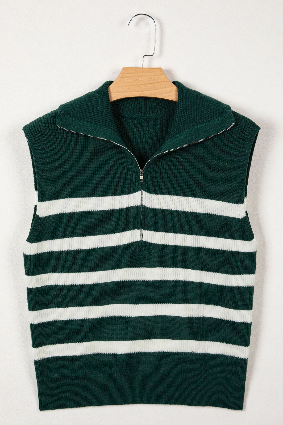 Blackish Green Ribbed Half Zip Collared Sweater Vest