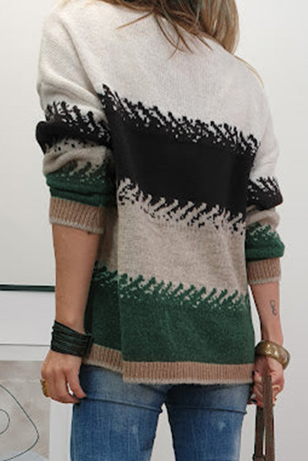 Black Stylish Color Block Pattern Drop Shoulder Sweater